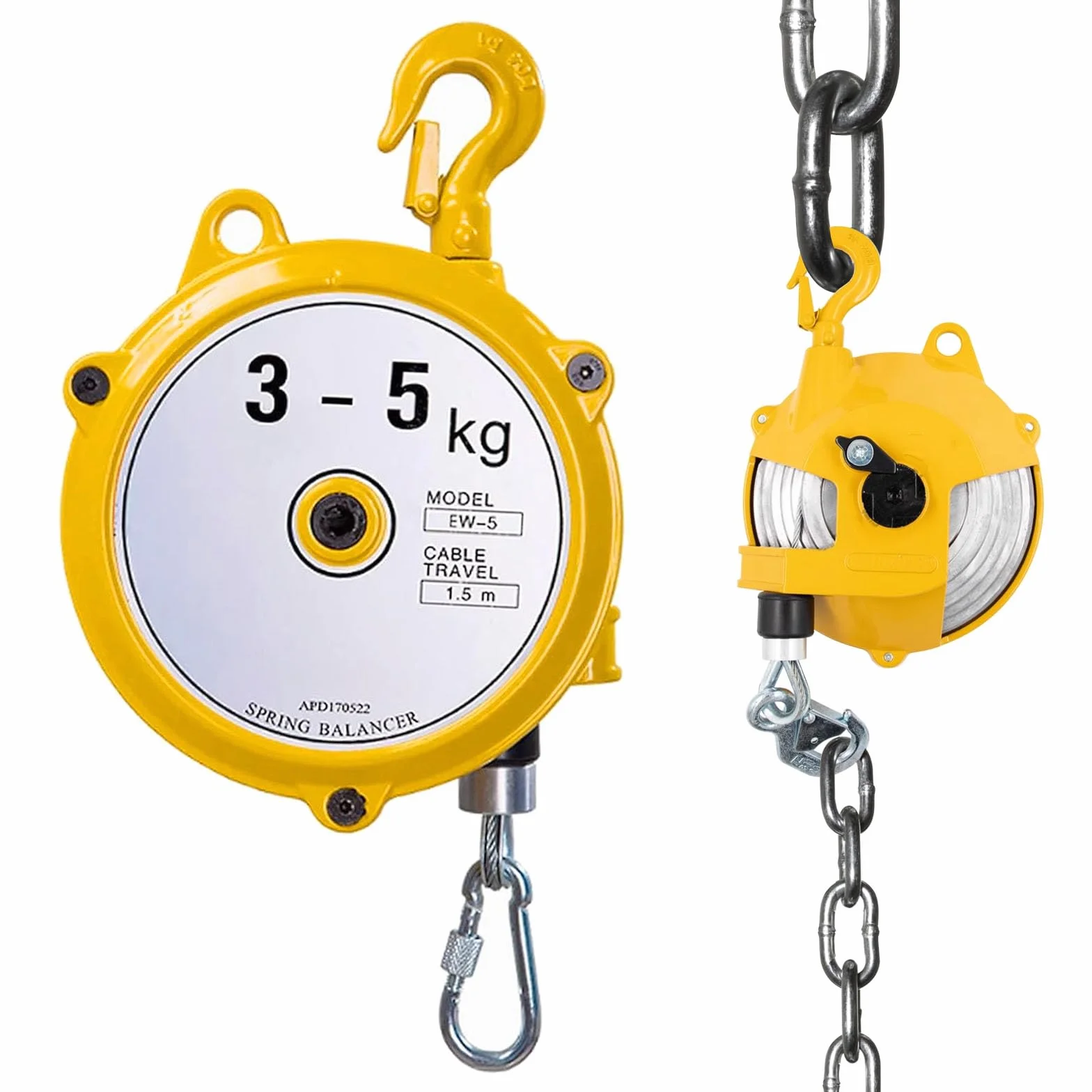 Bilanciatore a Molla Retrattile 3-5 kg, Altezza di Sollevamento 1,5m con Filo di Acciaio Spesso e Gancio in Metallo Dispositivi di Sollevamento per Equilibratrici a Molla Industriali