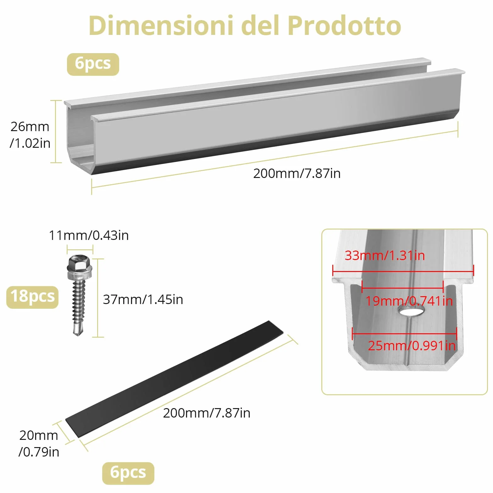 Anbte Set 6 Supporto per Pannello Solare 30mm/35mm Universali Pannelli Solari (Argento-Nessun Staffa, 200*25mm)