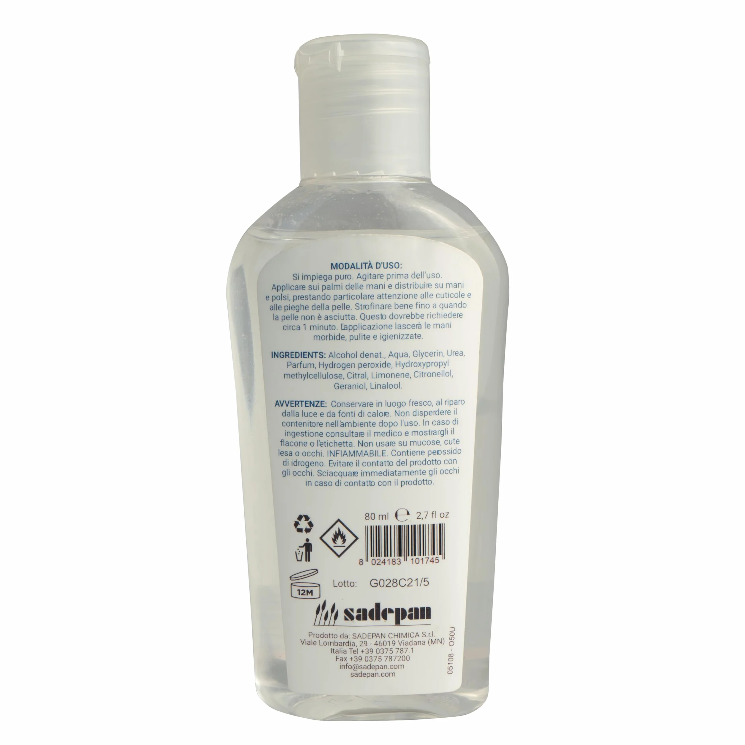 EcoGel detergente igienizzante mani con alcool etilico al 71% Made in Italy 80 ml