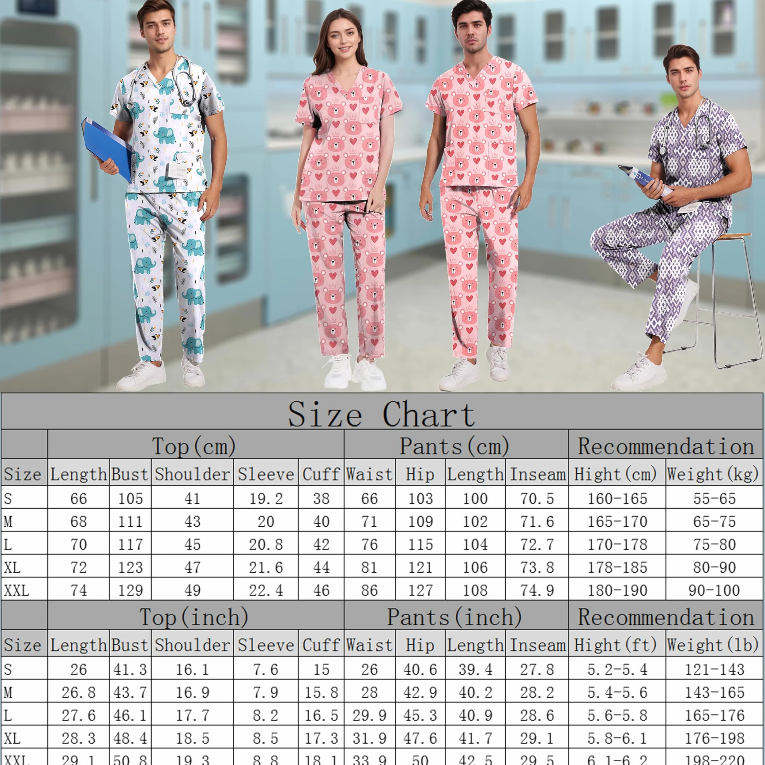 ThreeH Set da Chirurgo Ospedaliero Divisa Medica Elasticizzata con Scollo a V e Pantaloni Jogging Lavabile Tasche Multiple