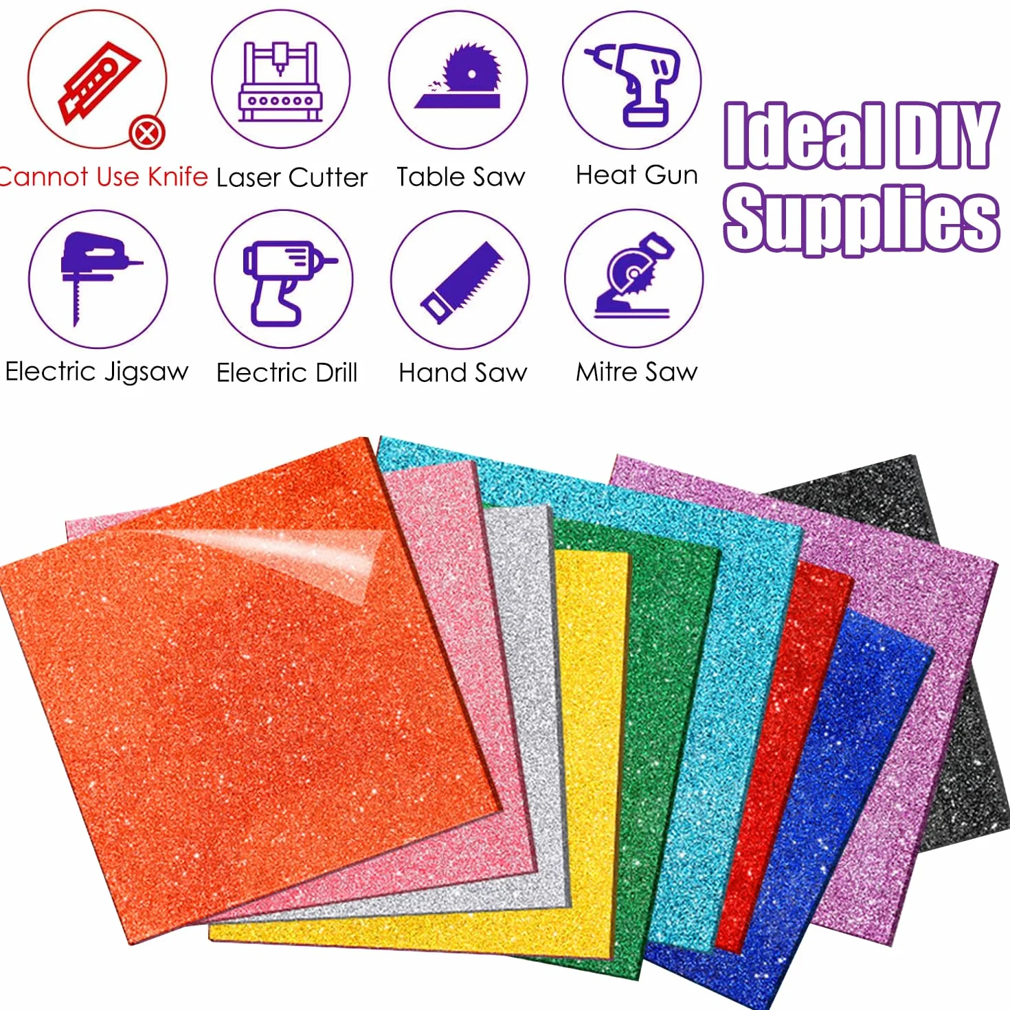 Fogli acrilici glitterati per taglio laser, 10 pezzi, 8 x 8 in 1/8 "-3 mm, in plastica fusa, per artigianato, incisione, segni, tag per animali domestici, fai da te