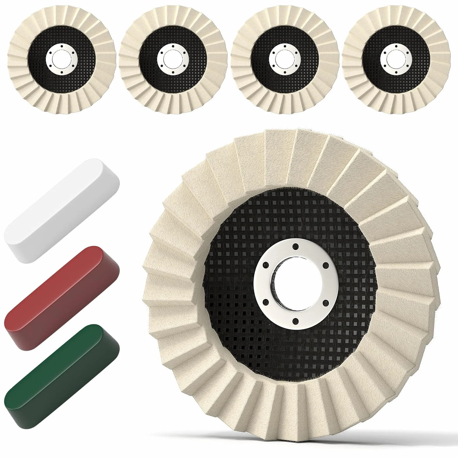 8 pezzi Kit di dischi lucidanti e composti – 5 dischi Arbor Puffing spessi 115 mm x 22 mm + 3 mezzi lucidanti – Dischi a cono in feltro per smerigliatrice angolare – Multi-superficie Puffing per