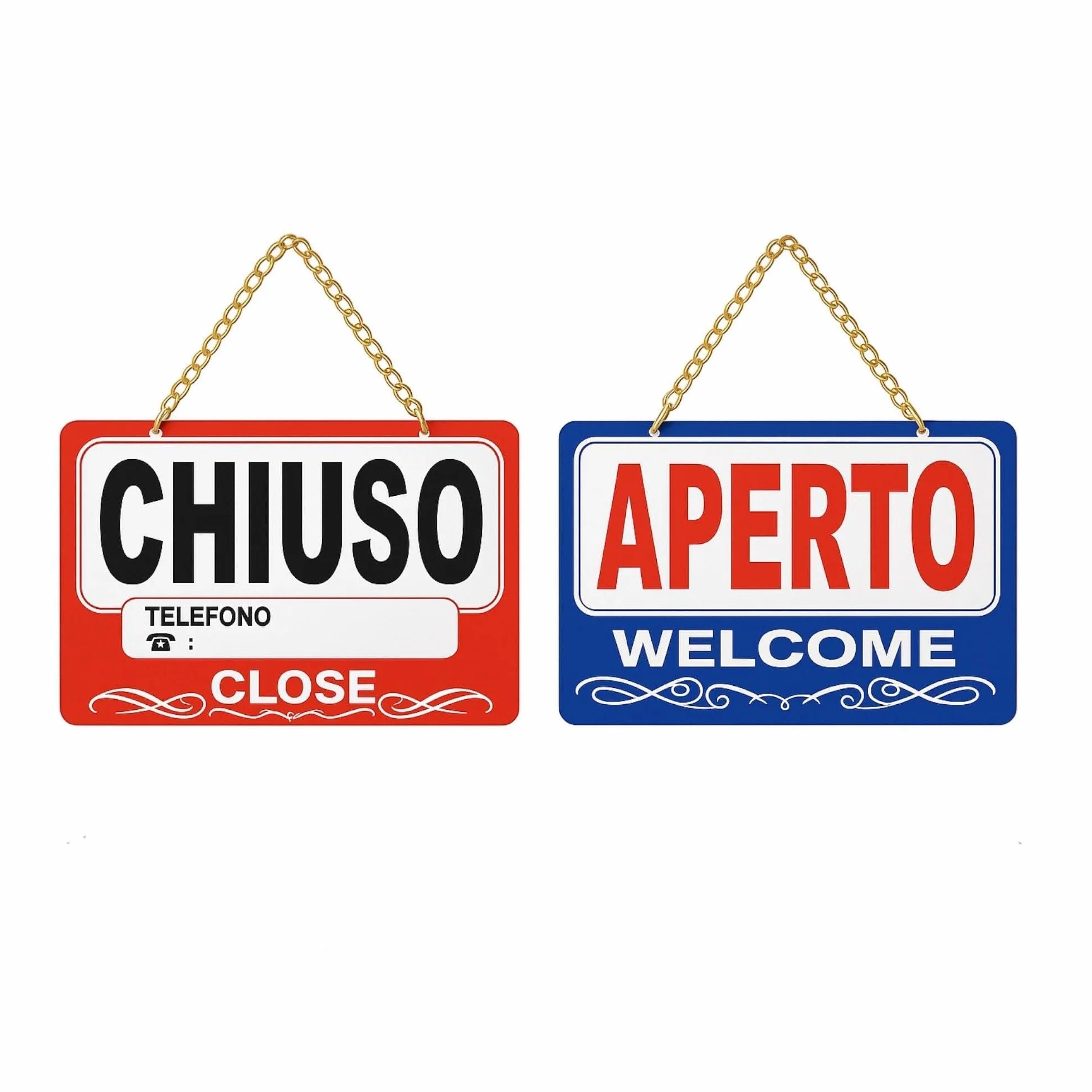 Topolenashop Cartello Aperto Chiuso Reversibile 29x19 cm – Insegna Bilingue Open Close per Negozi, Bar e Ristoranti – Cartello da Appendere con Catena Dorata per Porta e Vetrina ART.689388