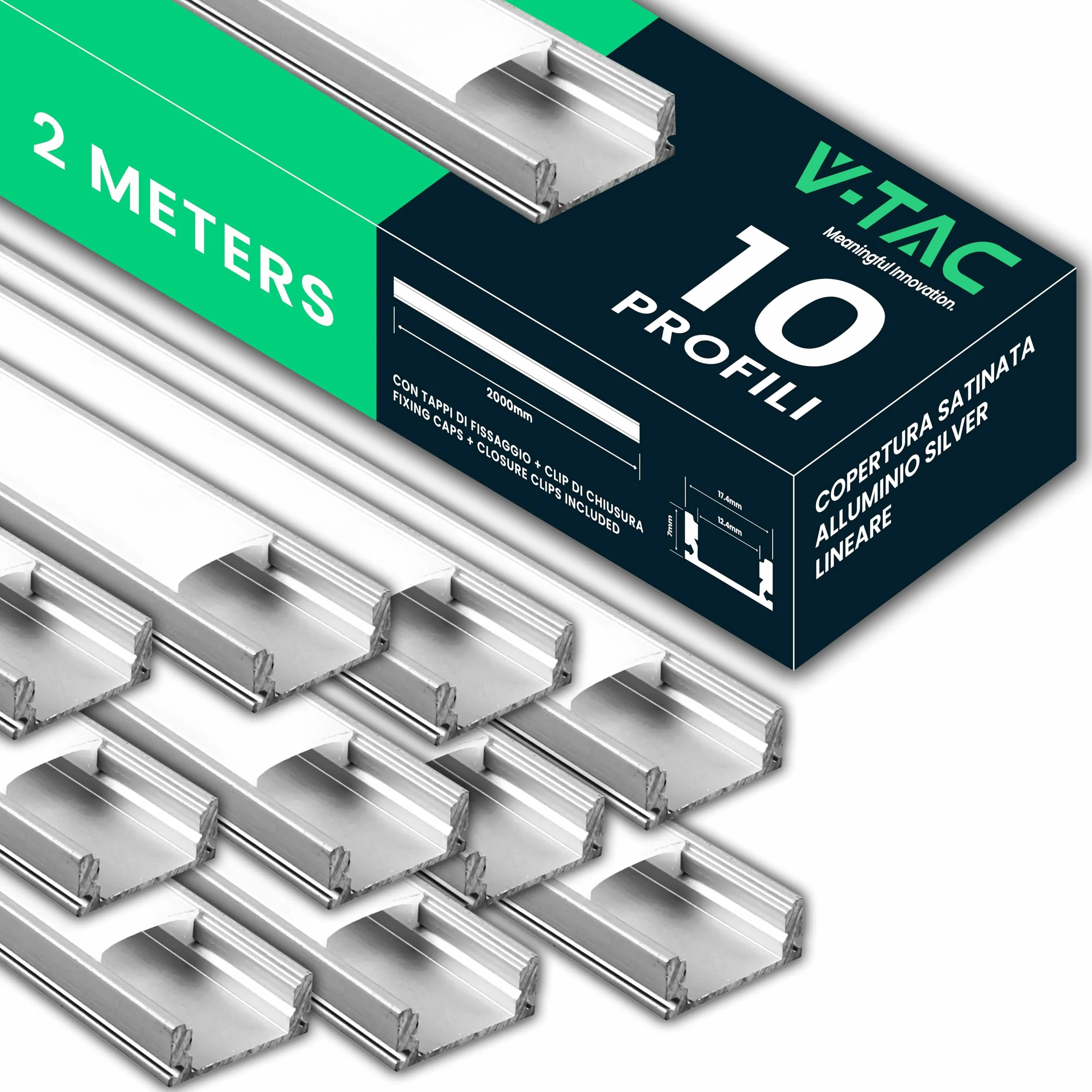 V-TAC 10x Profili per Strisce Led da 2 METRI Rettangolari in Alluminio - (20 Metri Totali) - Profili per Strisce LED Copertura Opaca - Ingombro max Striscia Led 12,4 mm - Dimensioni 17,4 x 7 mm