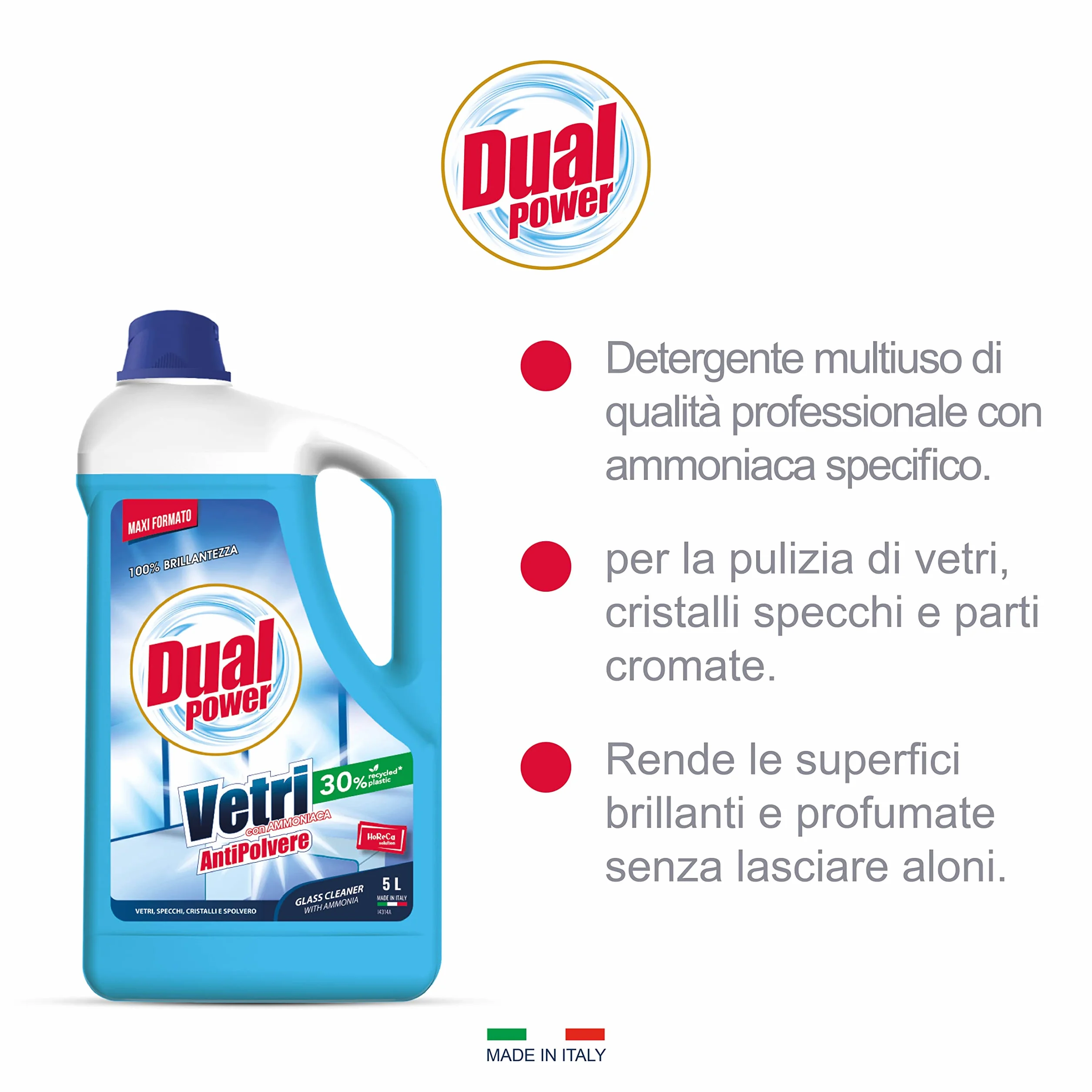Dual Power Detergente Multiuso HACCP 5 Litri Antibatterico Ammoniaca per Vetri e Specchi
