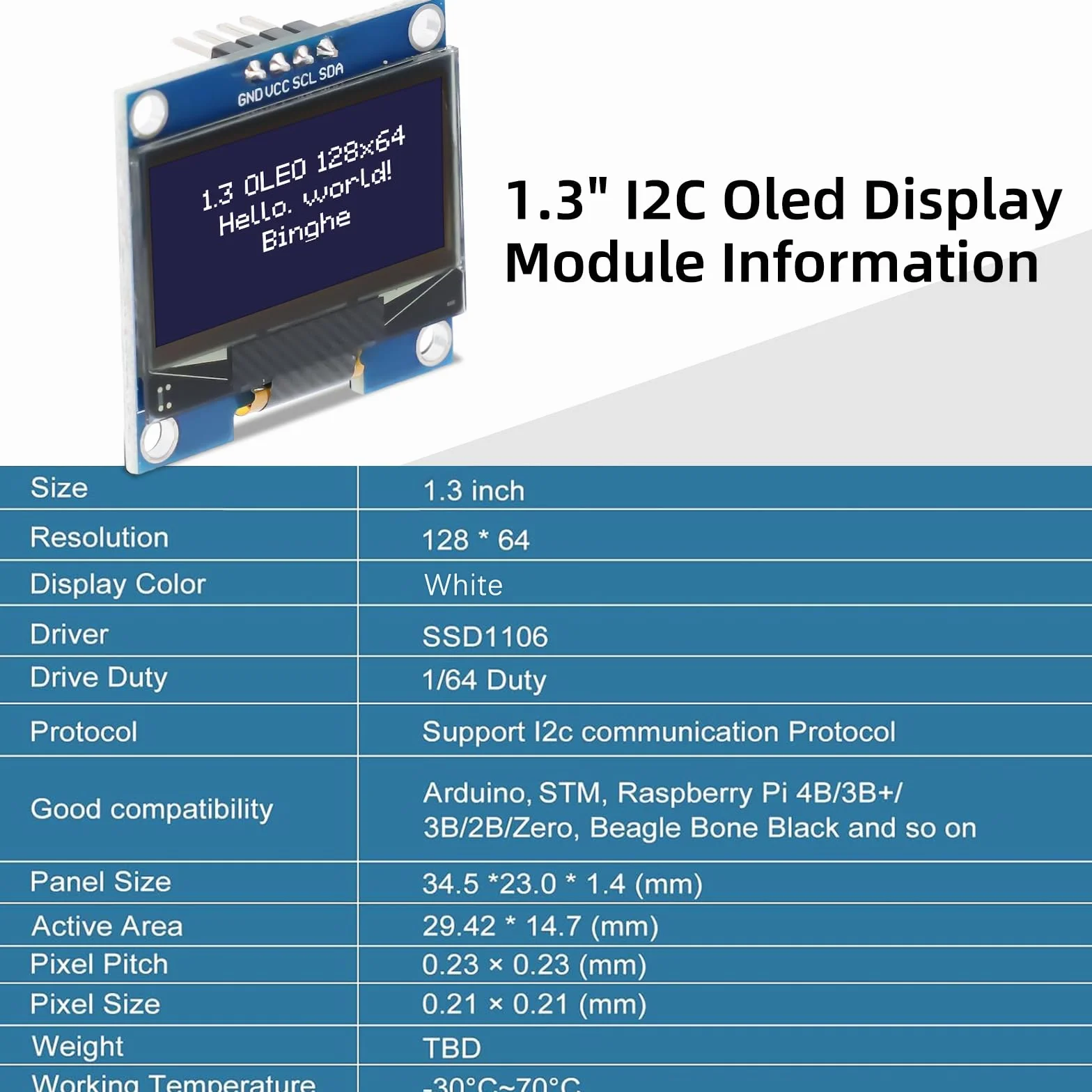 1,3" OLED I2C Display Modulo Binghe 1,3 Zoll LED OLED Display I2C IIC OLED Display con SSH1106 Chip 128 x 64 Pixel I2C Display su schermo con Caratteri bianchi Compatibile con Arduino/Rasp-Pi