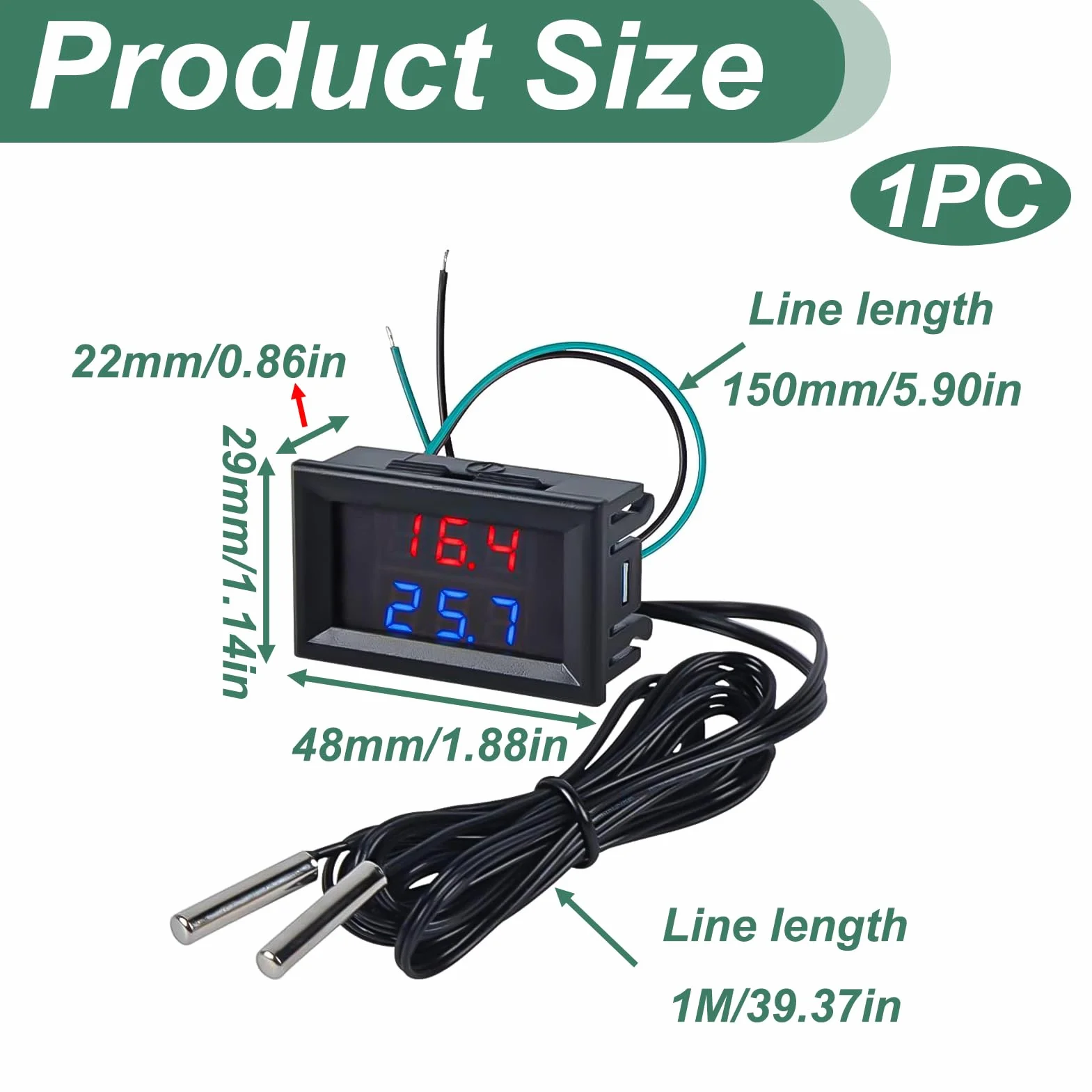 Termometro digitale a LED doppio display con 2 sonde impermeabili DC 4-28V -55°C a +120°C per acquario frigorifero incubatore