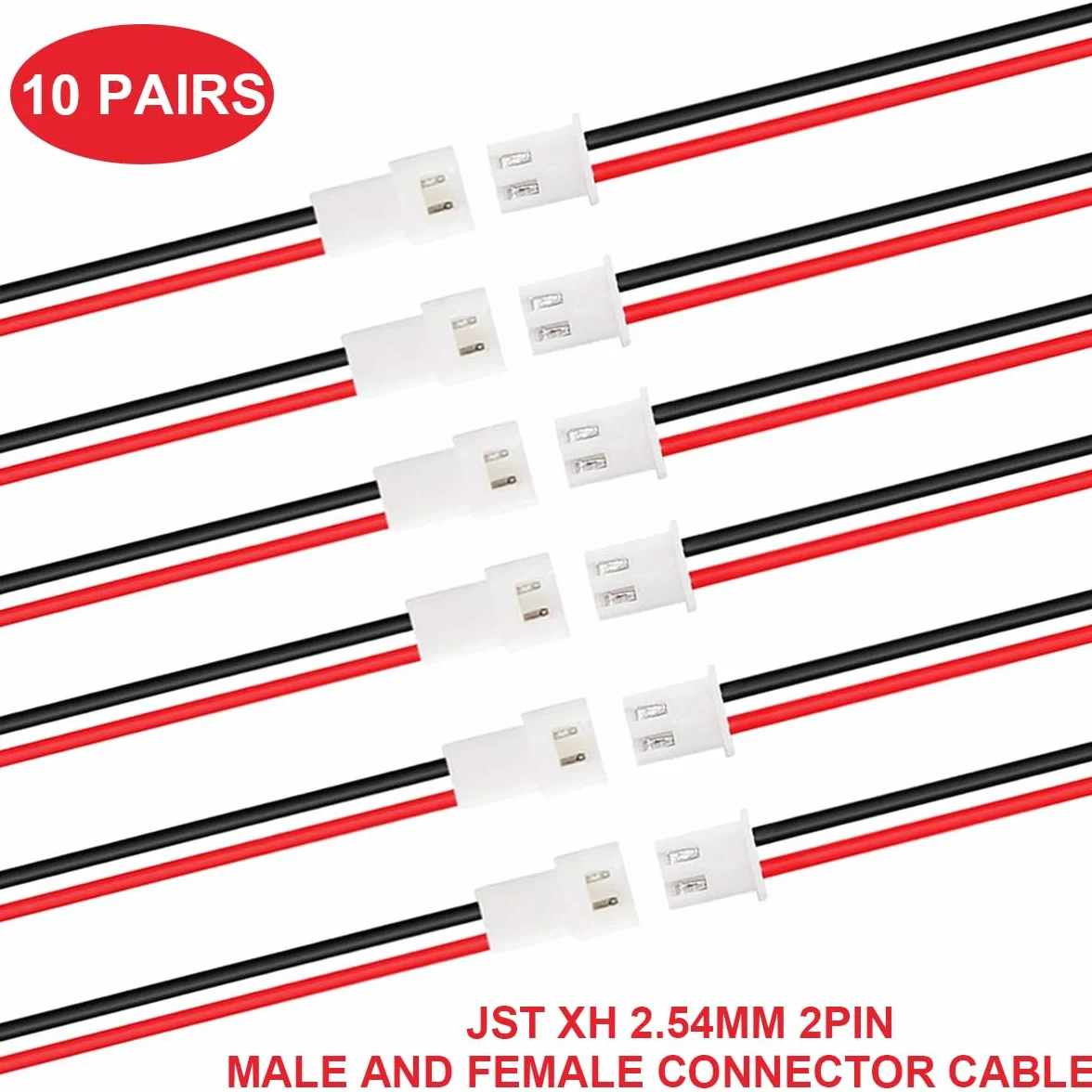 10 paia di cavi JST XH 2,54 mm 2 pin maschio e femmina con UL1007 22AWG 100 mm rosso nero cavo connettore filo e tubo termorestringente per minuscole prese terminali batteria drone luce