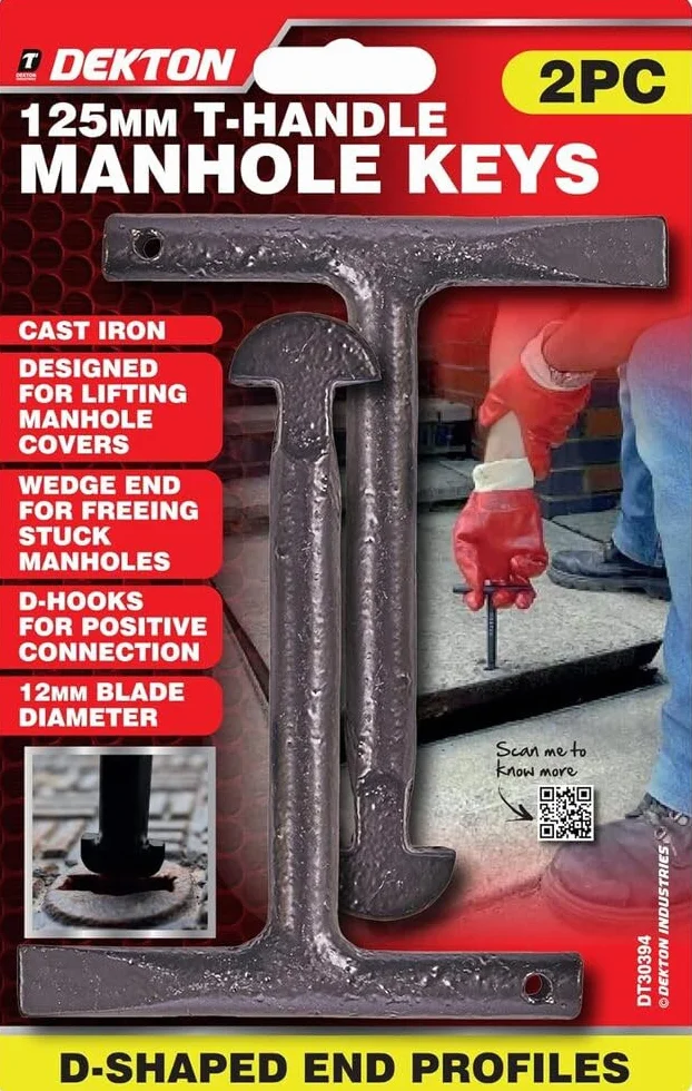 Dekton Set di 2 chiavi per pozzetto con manico a T, copertura in acciaio resistente, maniglia a T, ideale per sollevare scarichi, fognature, coperture di accesso, resistenti alla ruggine, durevoli per