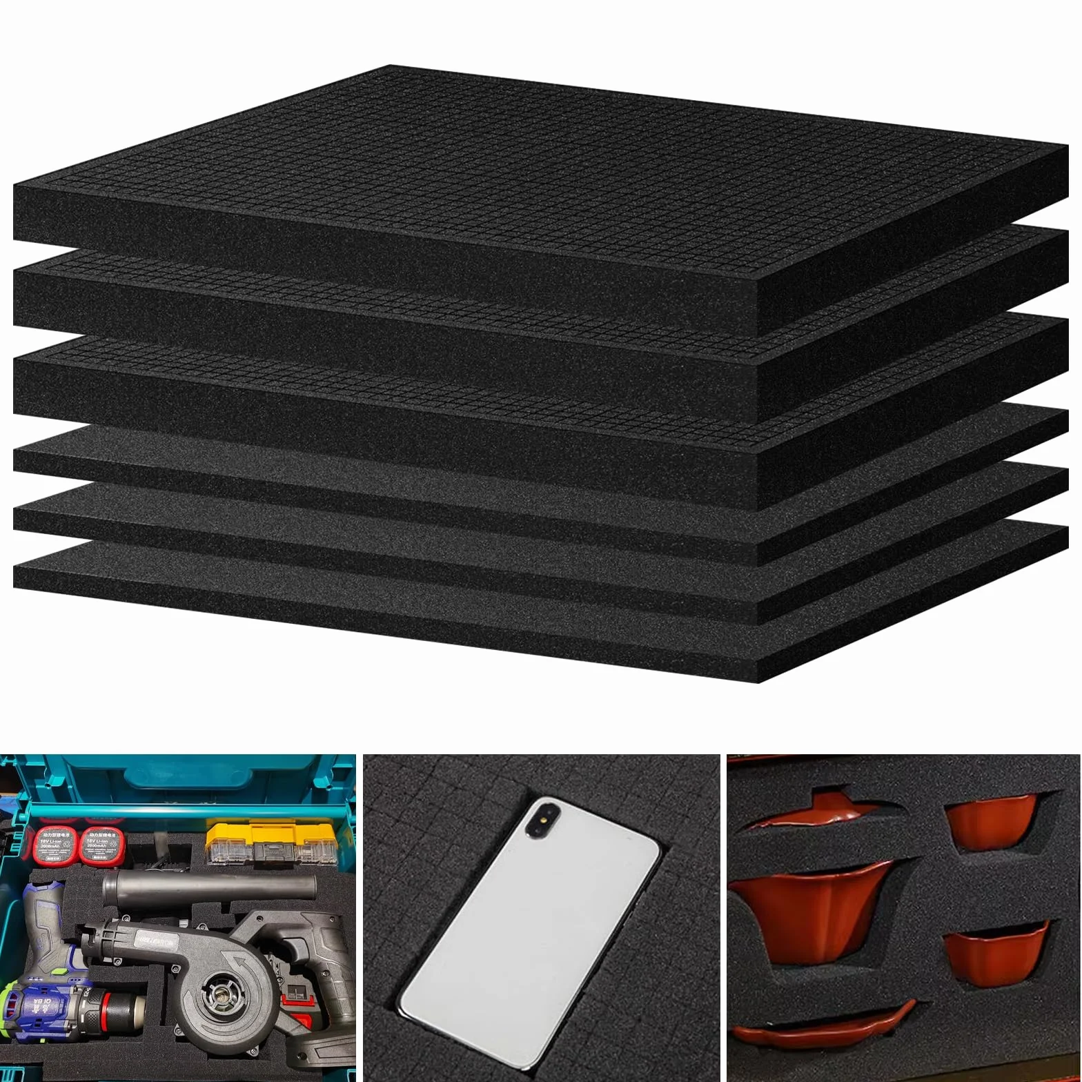 HEKOBAG 6 Pannelli Poliuretano Espanso 405 x 305mm Inserto in Schiuma Pretagliato Poliuretano Espanso Rigido Alta Densità lastre in Polietilene Espanso per Fodera per Cassette 3 set di spugne a quadri