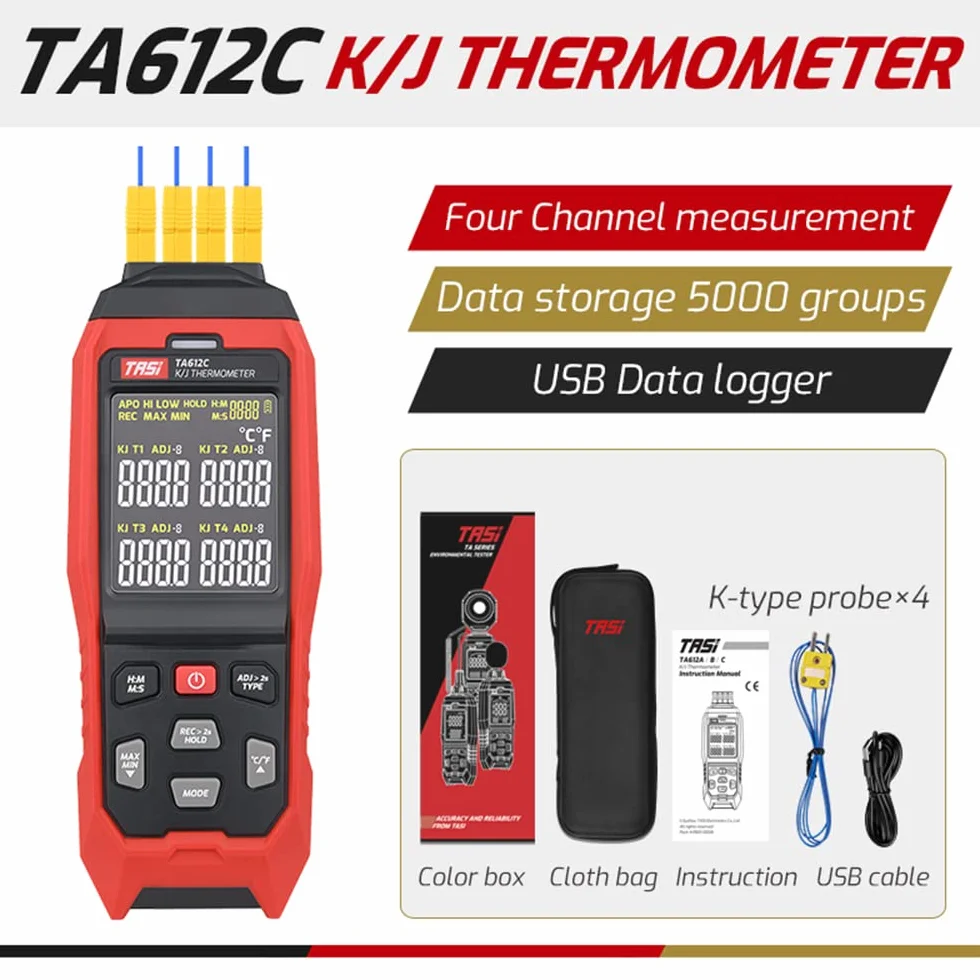 Termometro a termocoppia tipo K/J 4 canali -200~1372℃ alta precisione con USB e allarme