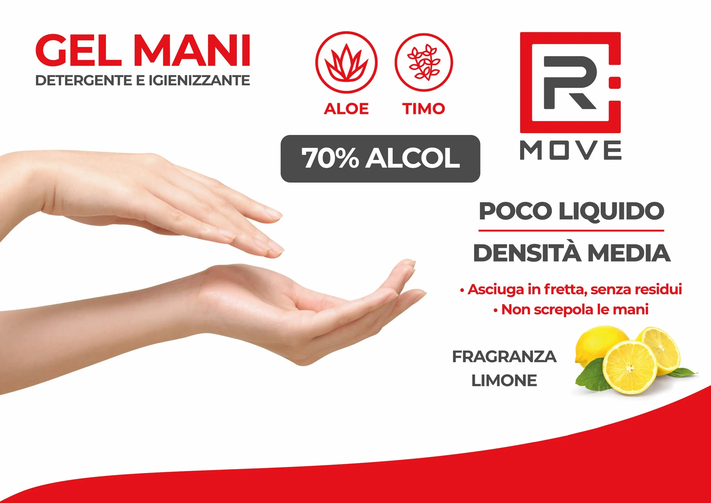 RMOVE 4 flaconi 200ml gel igienizzante mani 70% ALCOL profumato al limone con Aloe e Timo