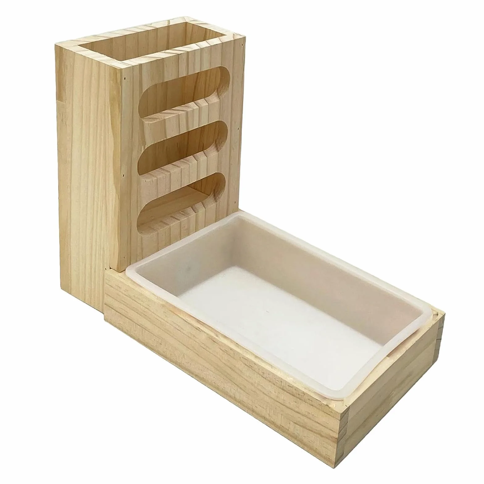 Mangiatoia per fieno in legno per conigli con lettiera. La costruzione di qualità mantiene l'habitat pulito in modo efficiente con la massima capacità di stoccaggio.