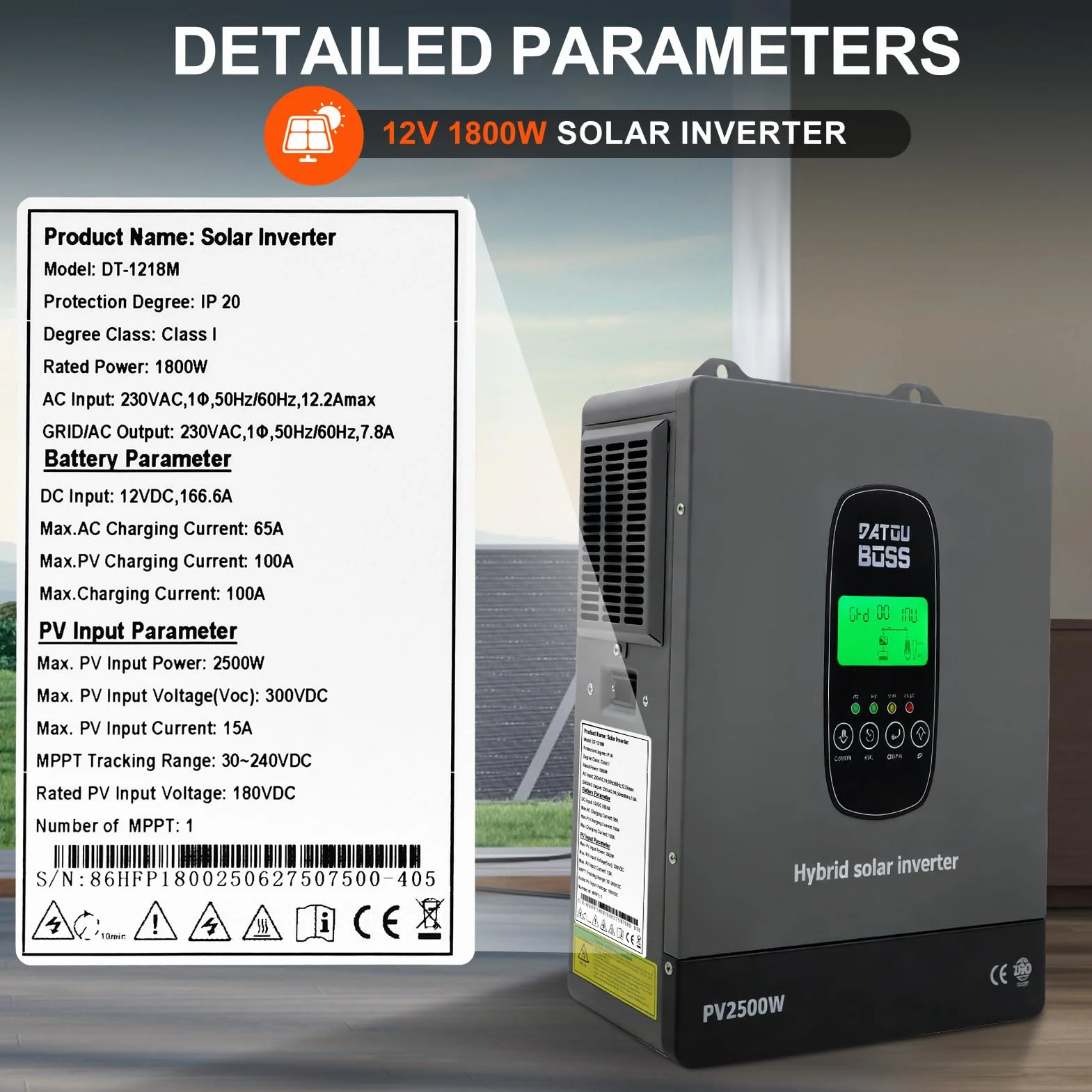 DATOUBOSS Inverter Ibrido Solare 1800W 12V Onda Sinusoidale Pura, Inverter 12V a 220V/230V AC con Regolatore di Carica Solare MPPT, Sistema di Protezione BMS, per Batterie al Litio (12V-1800W)