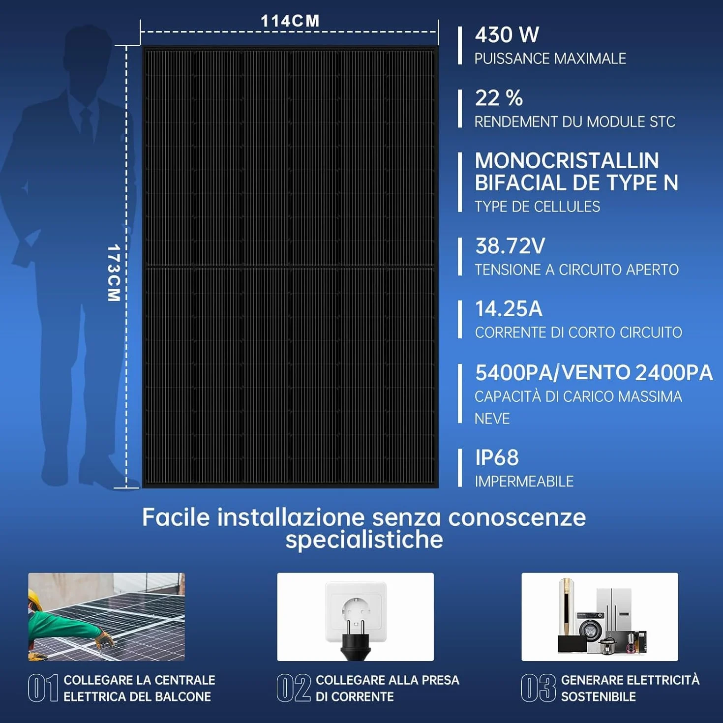 AUSTA Bifacciale Pannello Solare 440W Monocristallino Pannello Fotovoltaico, Per Impianto Fotovoltaico Completo, Impianto Solare da Balcone, Per Tetto Inclinato, Balcone, Tetto Piano