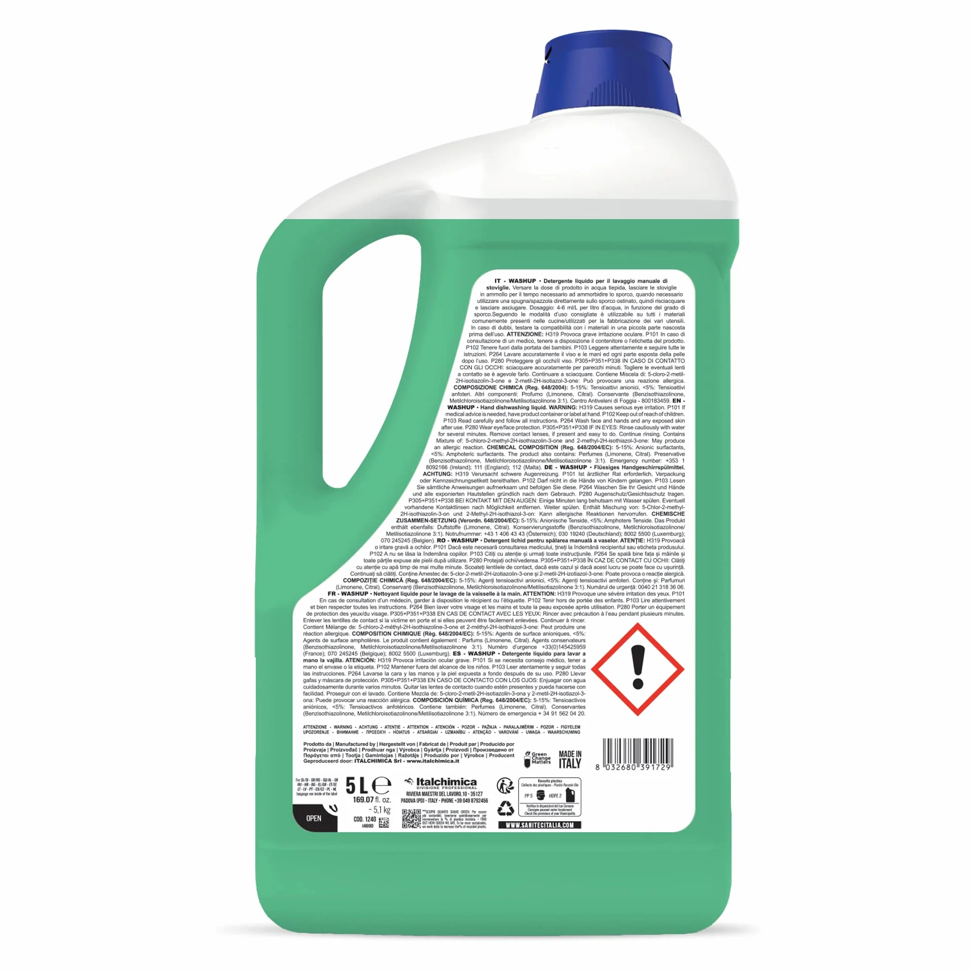 Sanitec, Washup Limone Verde, Detergente Liquido per il Lavaggio Manuale delle Stoviglie, Sgrassa a Fondo e Rilascia una Fresca Profumazione che Elimina i Cattivi Odori, Made in Italy, 2 Taniche da 5L