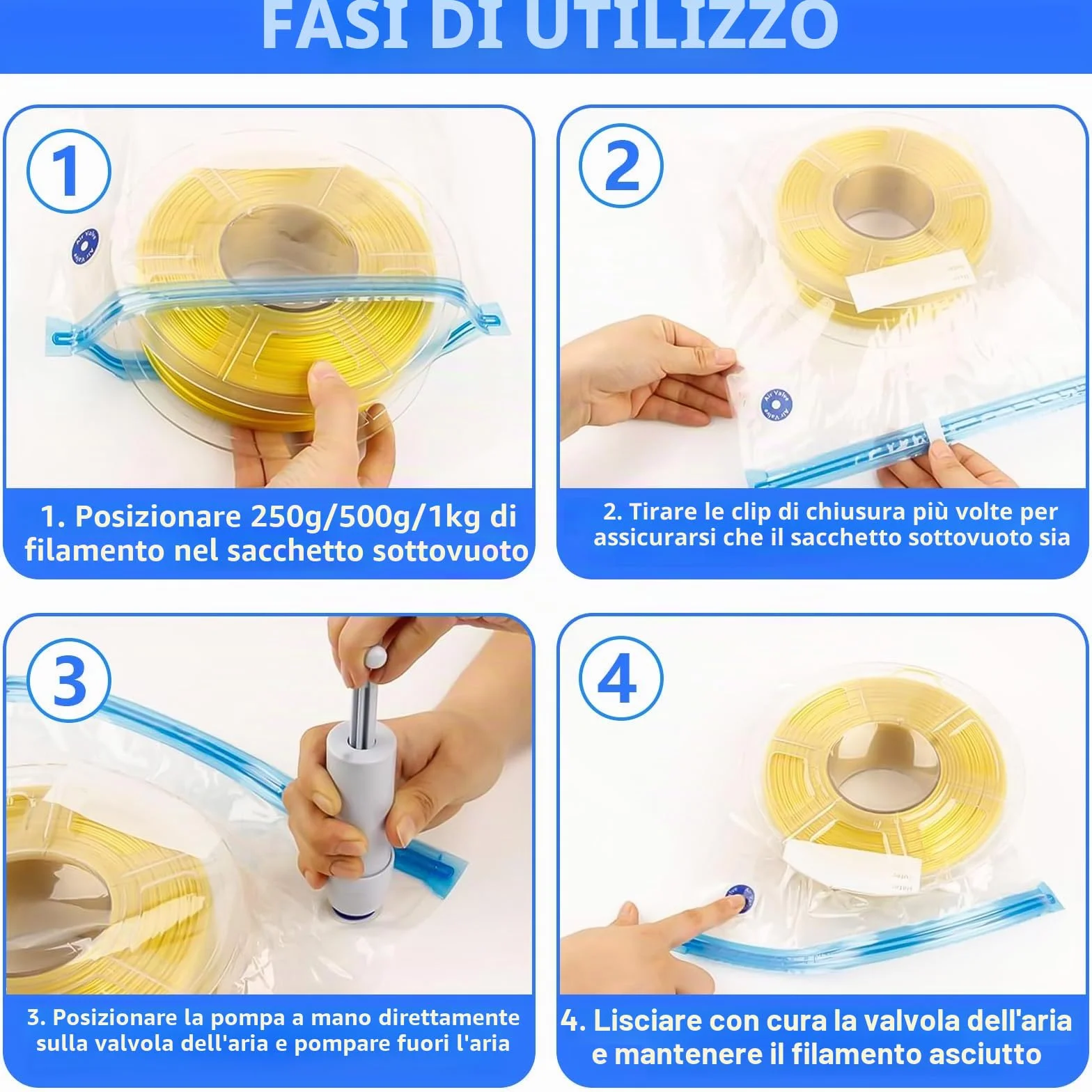 YOUNGSAY 24 Sacchetti Sottovuoto per Filamenti 3D + 48 Essiccante, 34 x 30cm Sacchetti Sottovuoto per Filamenti per Stampante 3D con Pompa Manuale e Clip di Tenuta per PLA ABS PETG TPU
