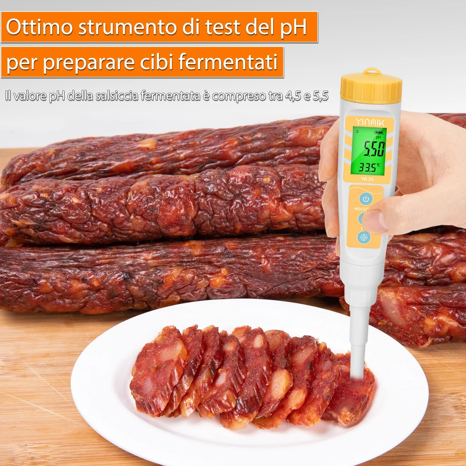 Misuratore pH per Alimenti con Sonda Sostituibile - Phmetro Lievito Madre Digitale per Carne, Impasti, Inscatolamento, Formaggio + Piaccametro per Alimenti - Yinmik Misuratore pH per Acqua e Terreni