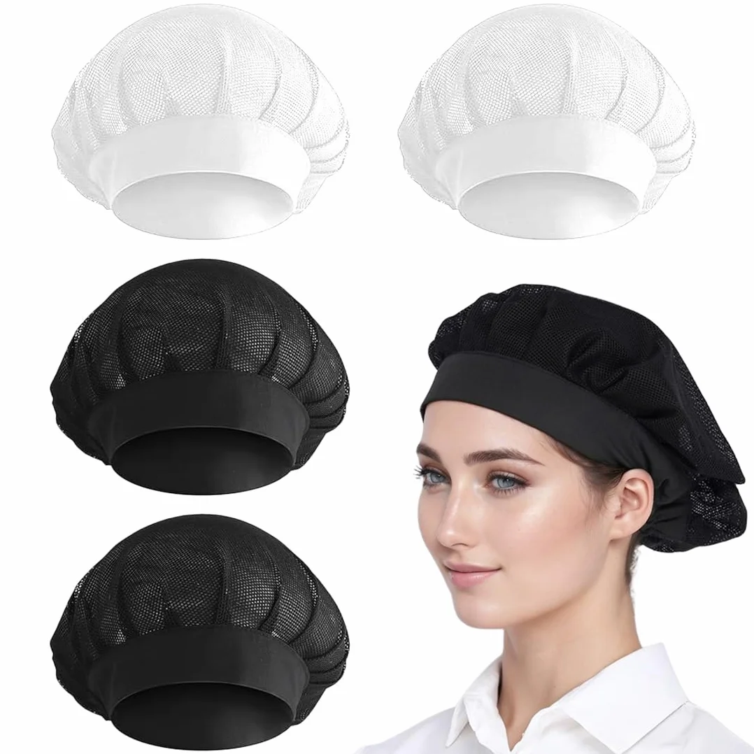 Cappello da Cuoco 4 PCS Cuffia Cucina Regolabile Retina per Capelli Riutilizzabile Berretto Ristorante Bianco e Nero