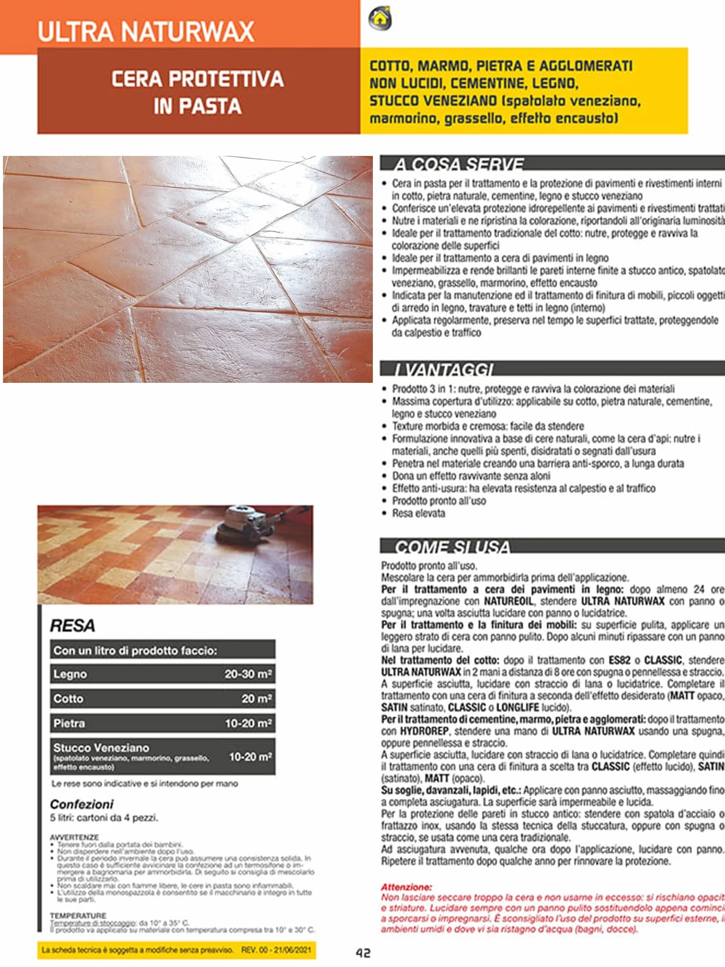 Cera per Cotto Interno Protettiva In Pasta Ultra Naturwax 5 Litri