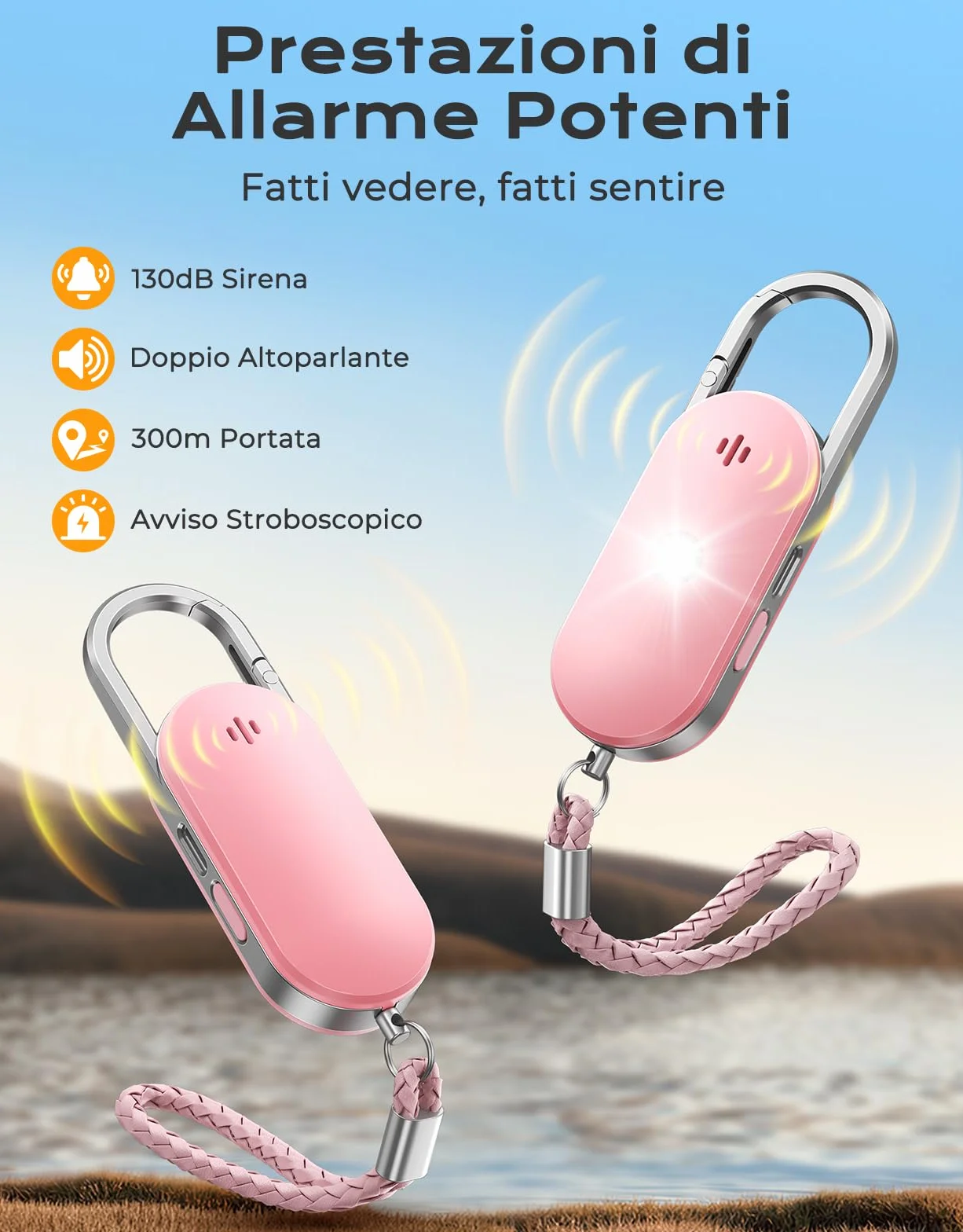 ISEYOU Allarme Personale Antiaggressione, Allarme 130dB Ricaricabile Sirena con LED Luce Stroboscopica Portachiavi Difesa Personale - Dispositivo di Sicurezza di Emergenza per Donne/Bambini/Anziani