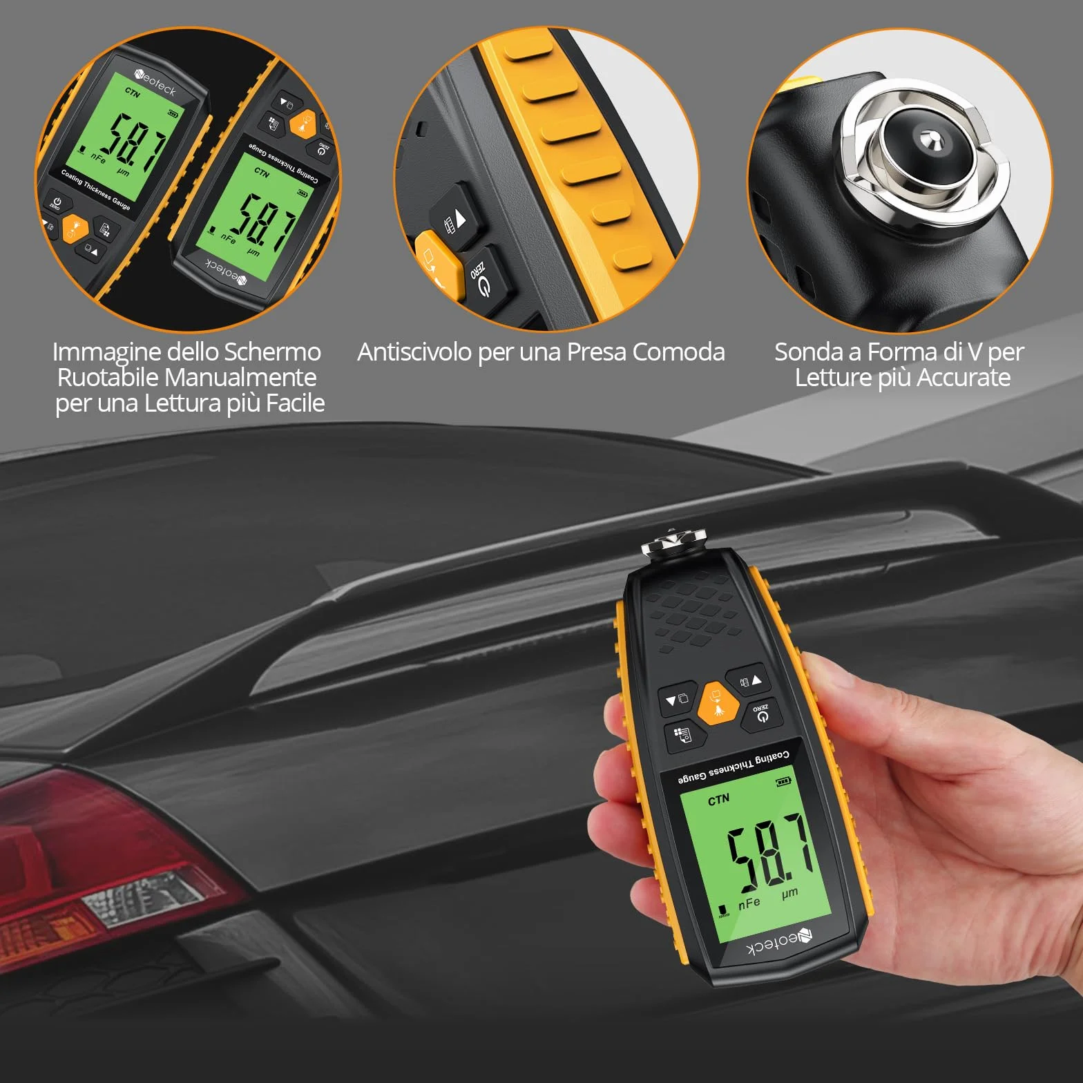 Neoteck Misuratore di Spessore Vernice 0-1300um Spessimetro LCD Retroilluminazione Auto Spegnimento Automatico