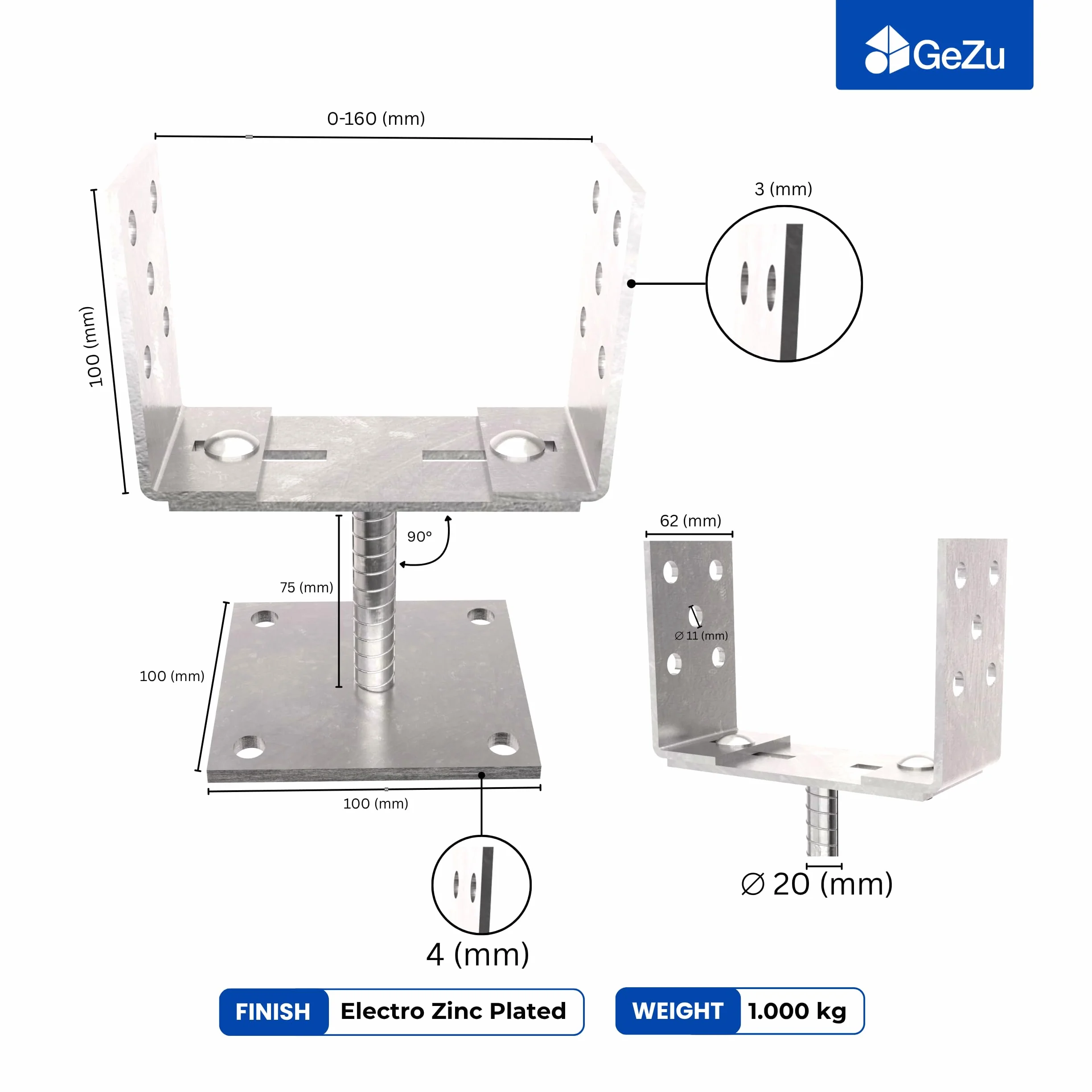 Supporto per Palo a U Regolabile 100x100 mm Zincato Elettroliticamente 0-160 mm