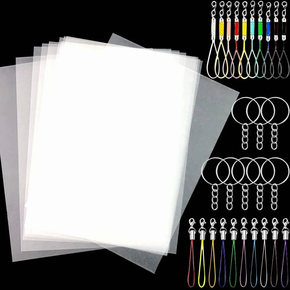 NICAVKIT Plastica Termoretraibile, 20 fogli carta con film termoretraibile shrink plastic Foglio termorestringente in plastica stampabili termoretraibile con 50pcs Anello Chiave per Bricolage