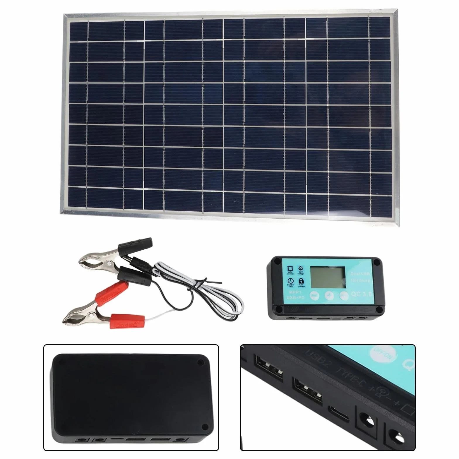Kit pannello solare da 100W con telaio in alluminio e scatola di giunzione IP67, include controller per ricarica efficiente a 12V/24V in camper, barche, campeggi