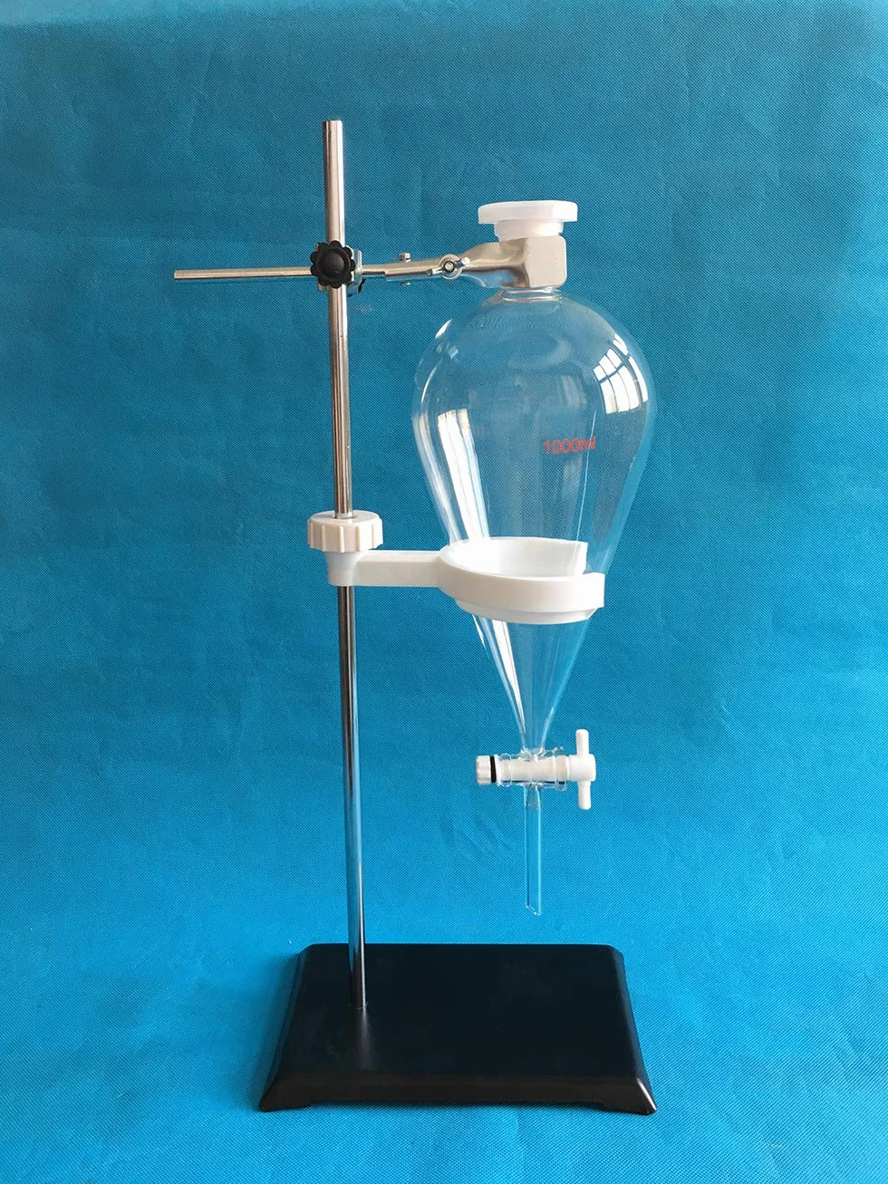 EBT2 - Set di imbuto separatorio in vetro, 1000 ml, rubinetto in PTFE con supporto in acciaio, morsetto e supporto in PP