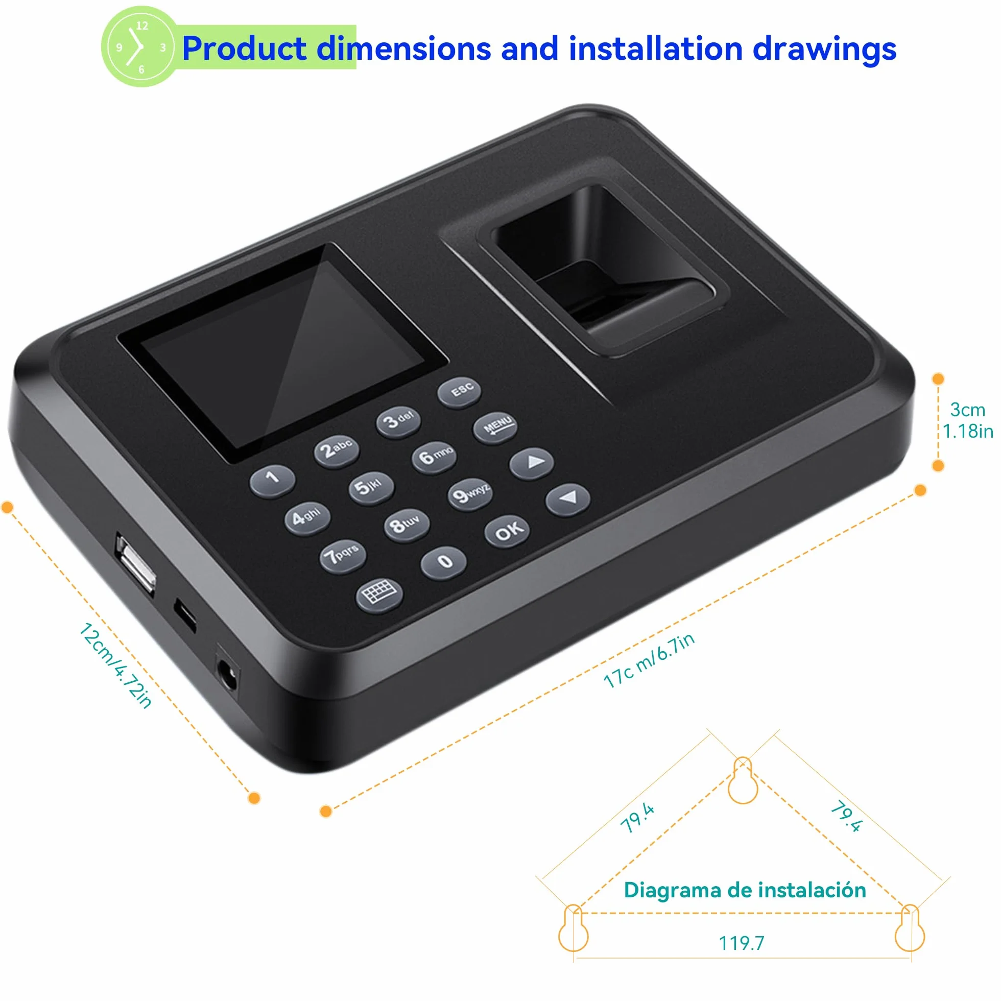 Orologi con impronte digitali per dipendenti, orologio per piccole imprese, calcola automaticamente l'orario di lavoro e detrarre l'ora di pranzo, protezione da pugno e spegnimento con unità USB 8G (0
