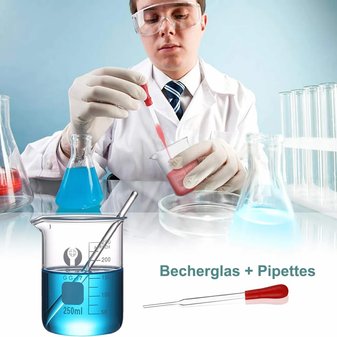 ZEEROQOLAB Zestaw Szkła Laboratoryjnego: 4 Zlewki, 3 Cylindry Miarowe, 3 Kolby Erlenmeyera z Pipetami i Mieszadłami