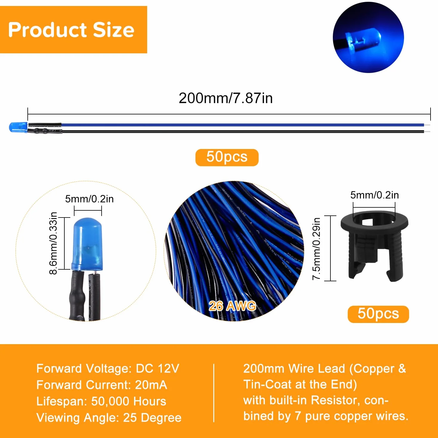 50 Pezzi 5mm 12V LED Diodo ad Emissione Luminosa Blu Precablata 20cm Diffuse + Supporto Plastica