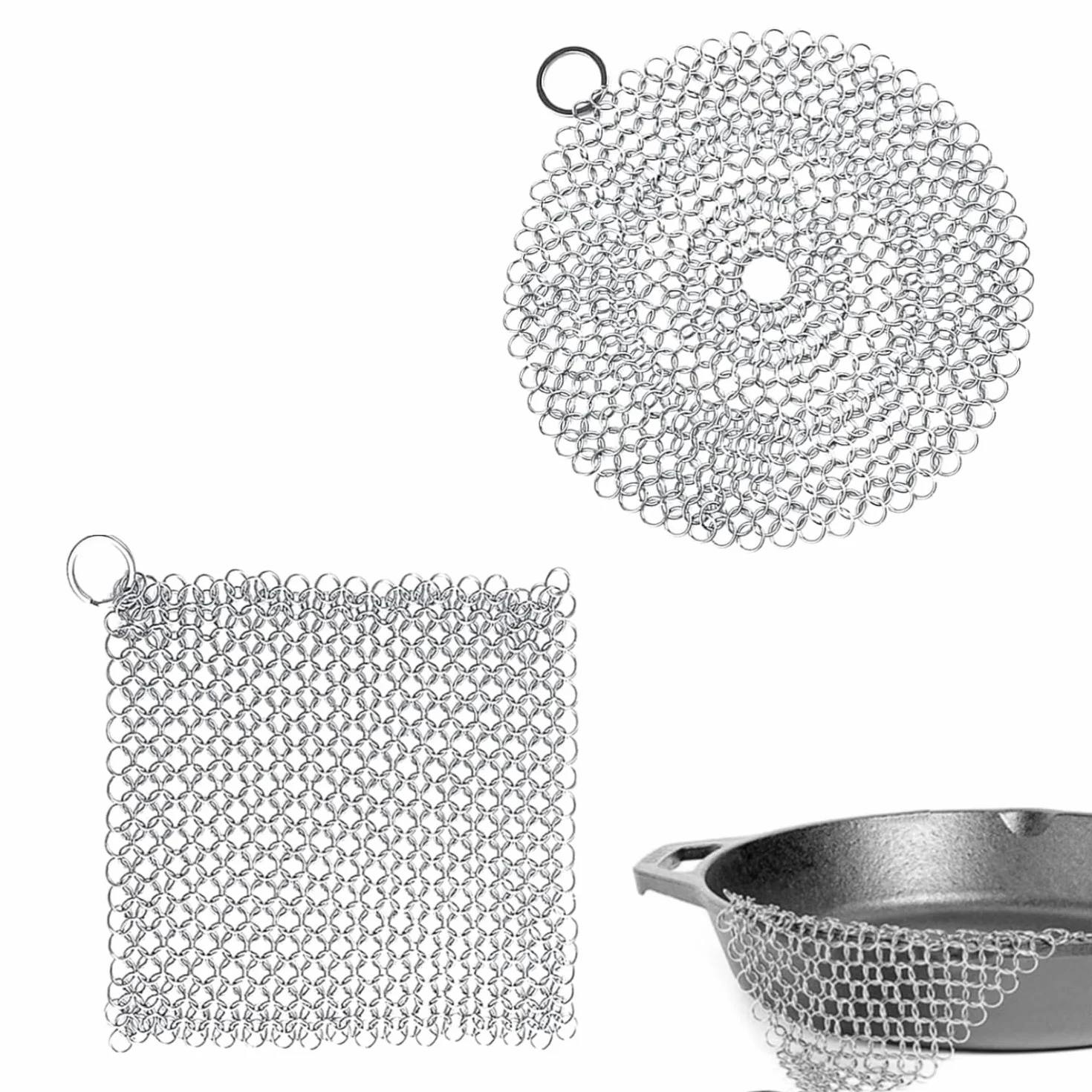 Scrubber per Cotta di Maglia in Acciaio Inossidabile, 2 pz Cast Iron Cleaner Scrubber in Acciaio Pulitore in Ghisa Ghisa Attrezzi per la Pulizia con Anello per Pentole in Ghisa