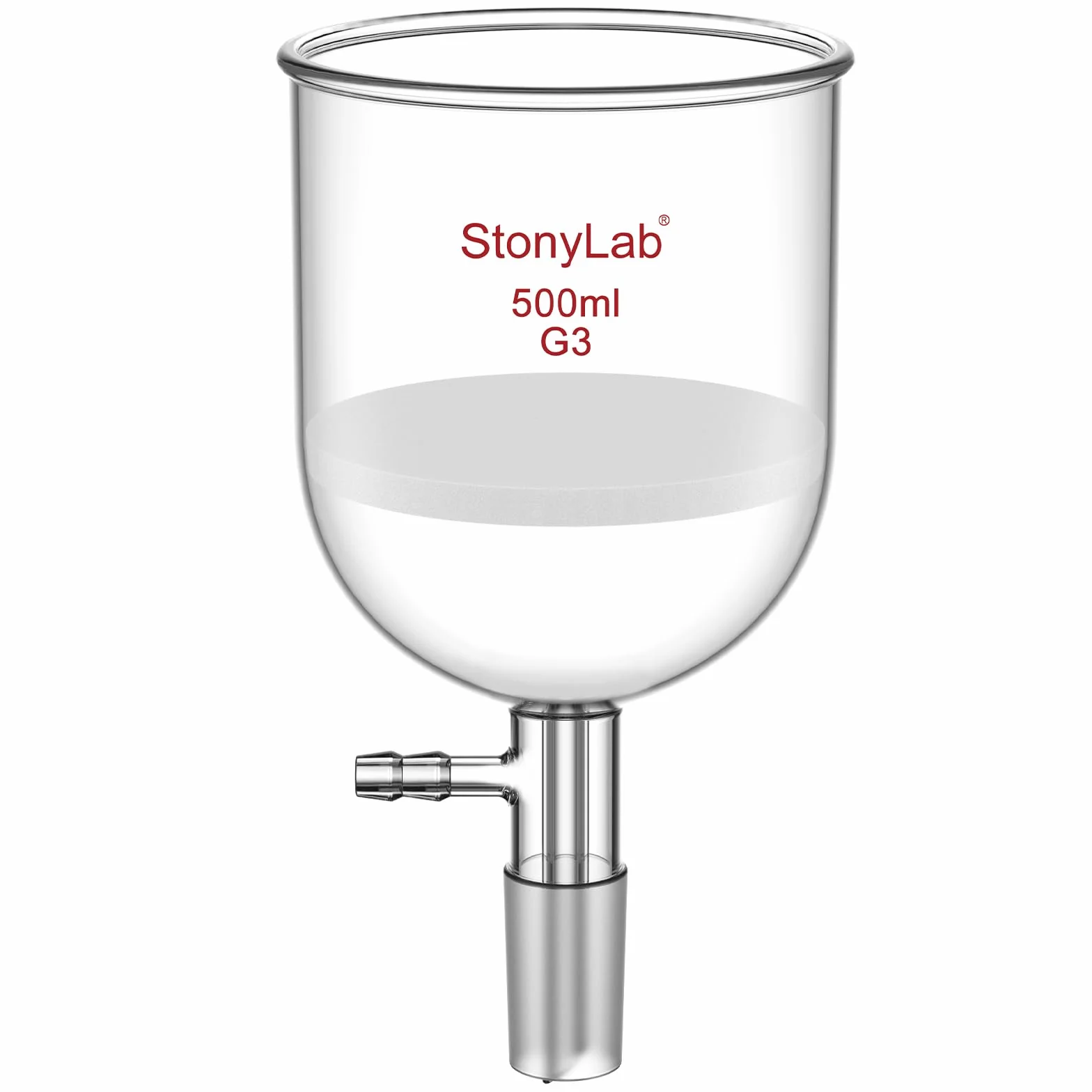 StonyLab Vetro Borosilicato Imbuto Filtrante Buchner con Fine Frit (G3), Buchner Filtering Funnel con Diametro Interno 94mm, Profondità 100mm, Giunto 24/40 e Tubazione Seghettata Sotto Vuoto (500mL)