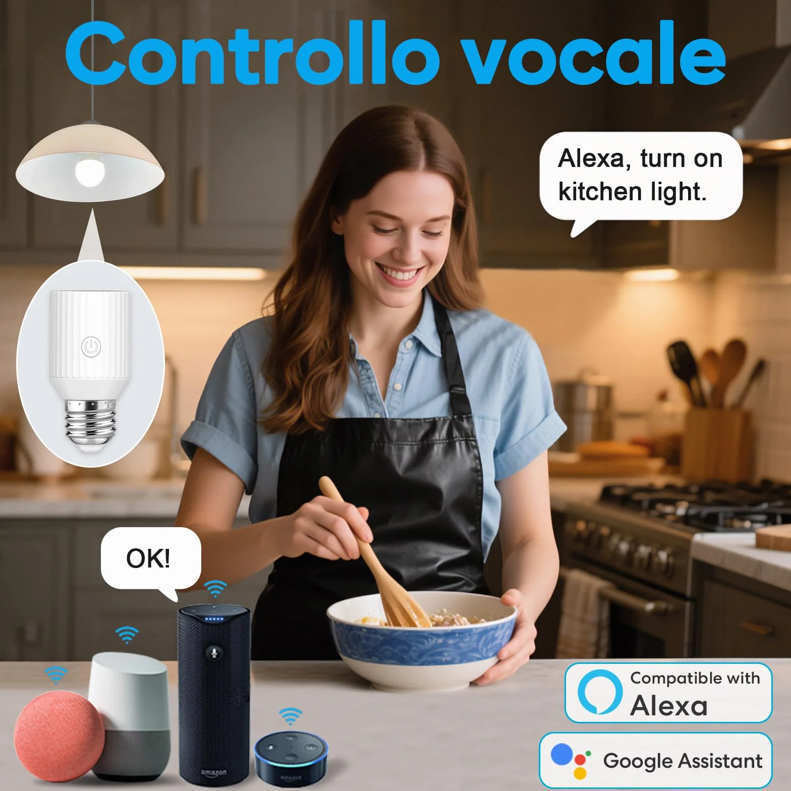LoraTap Adattatore portalampada Wi-Fi intelligente, controllo vocale Alexa/Google, gruppi e timer Smart Life, max 60 W, lampade a incandescenza, E26/E27, confezione da 2