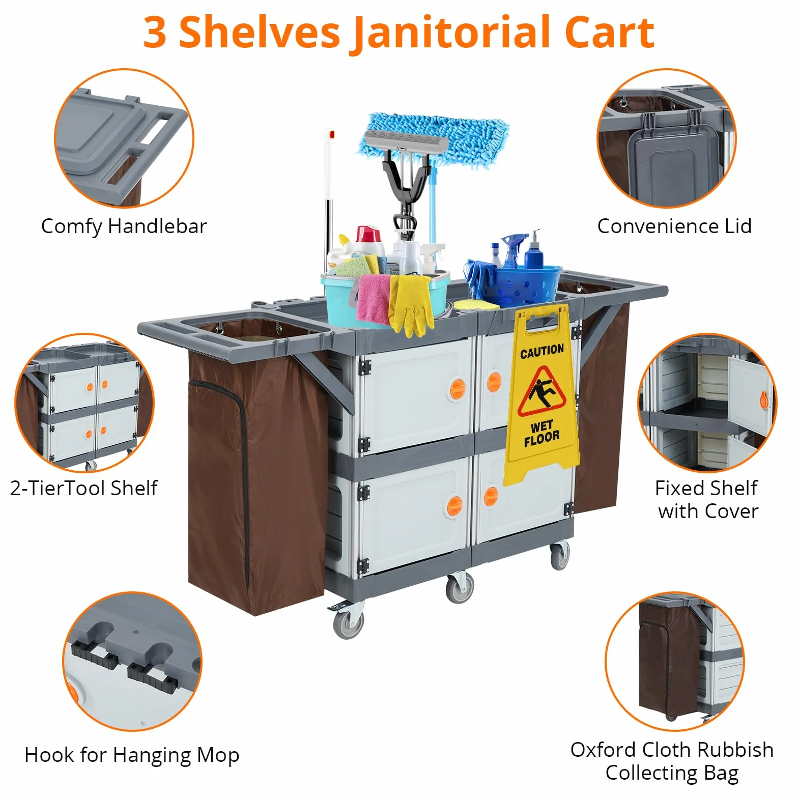 Carrello per pulizie professionale a 4 scomparti con doppio coperchio, manico in PP, struttura in alluminio, ruote silenziose TPR da 4 pollici, sacchi inclusi