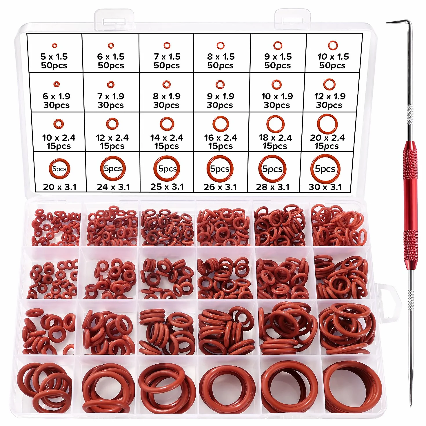 600 Pezzi 24 Misure O-Ring Assortimento Kit, Silicone Guarnizione O-Ring Kit, con Doppia Testa Ganci per Paraolio, per Riparazione Rapida Dell’Auto, Rosso