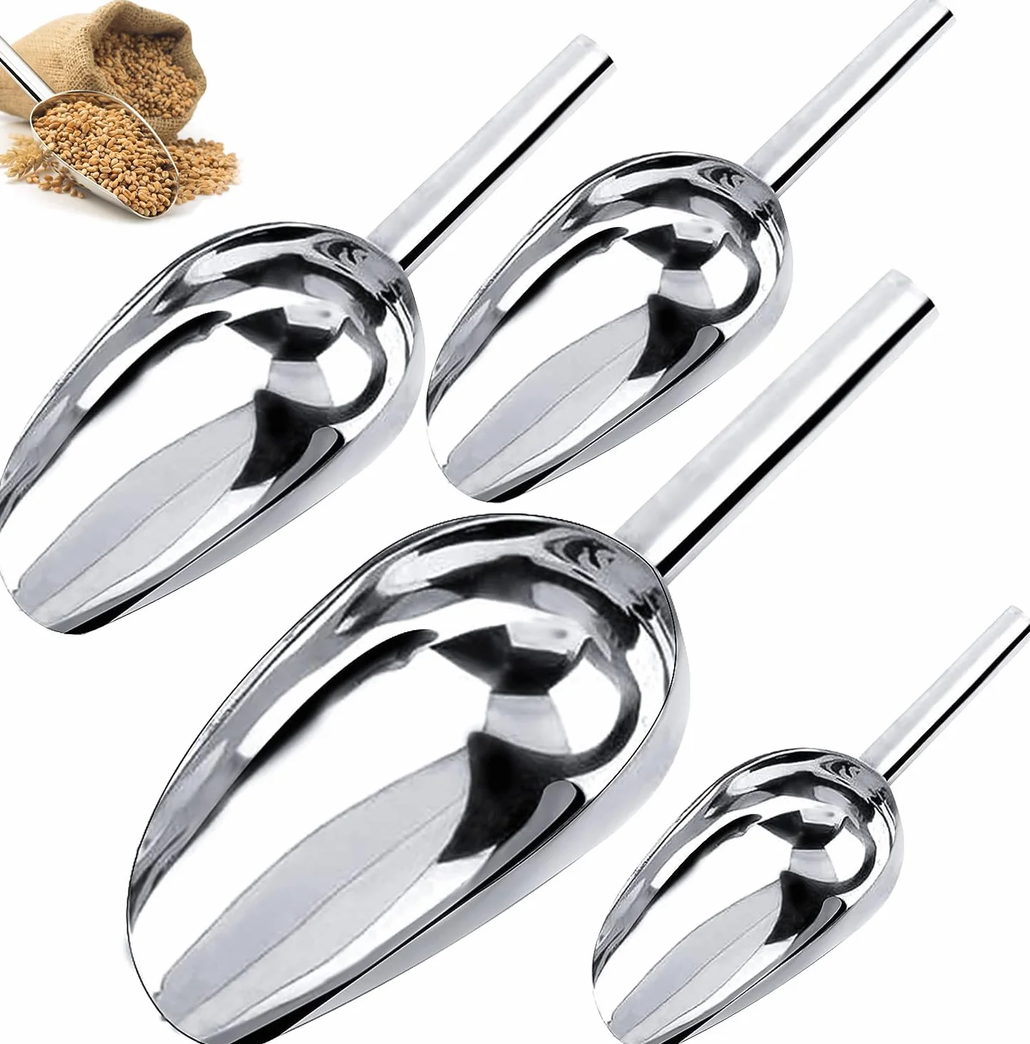 Paletta per gelato in acciaio inox, versatile paletta per farina per caramelle, cubetti di ghiaccio, noci, adatta per cucine, bar, buffet, feste, matrimoni, colore argento, 4 pezzi