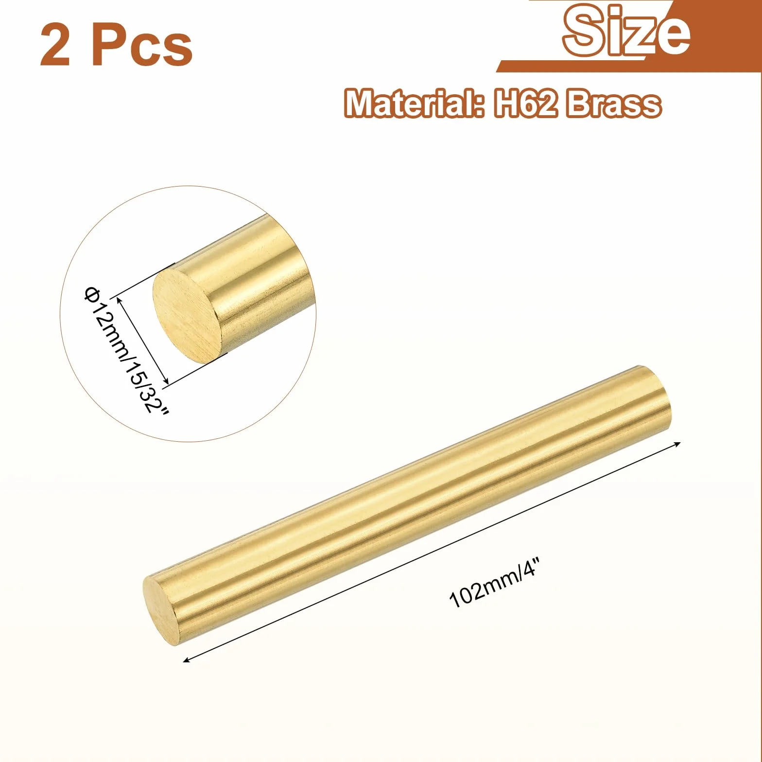 QUARKZMAN 2 Pezzi 15/32" (12mm) Diametro Ottone Solido Asta Rotonda, 4" (102mm) Lunghezza H62 Barra Tornio Stock