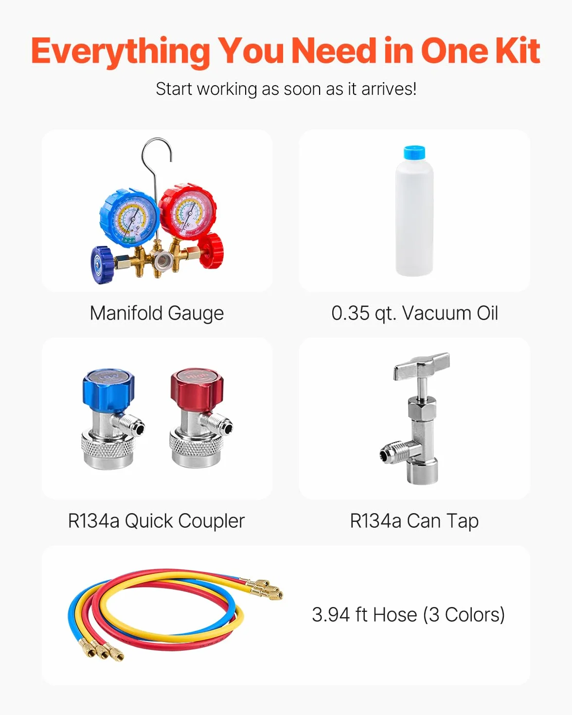 VEVOR Pompa per Vuoto e Manometro AC 1,65 L/s, ad Aria HVAC a Palette Rotanti Monostadio, Kit Manometro per Collettore Refrigerante A/C, con Tubi Flessibili, Refrigerazione per R134a, R12, R22, R502a