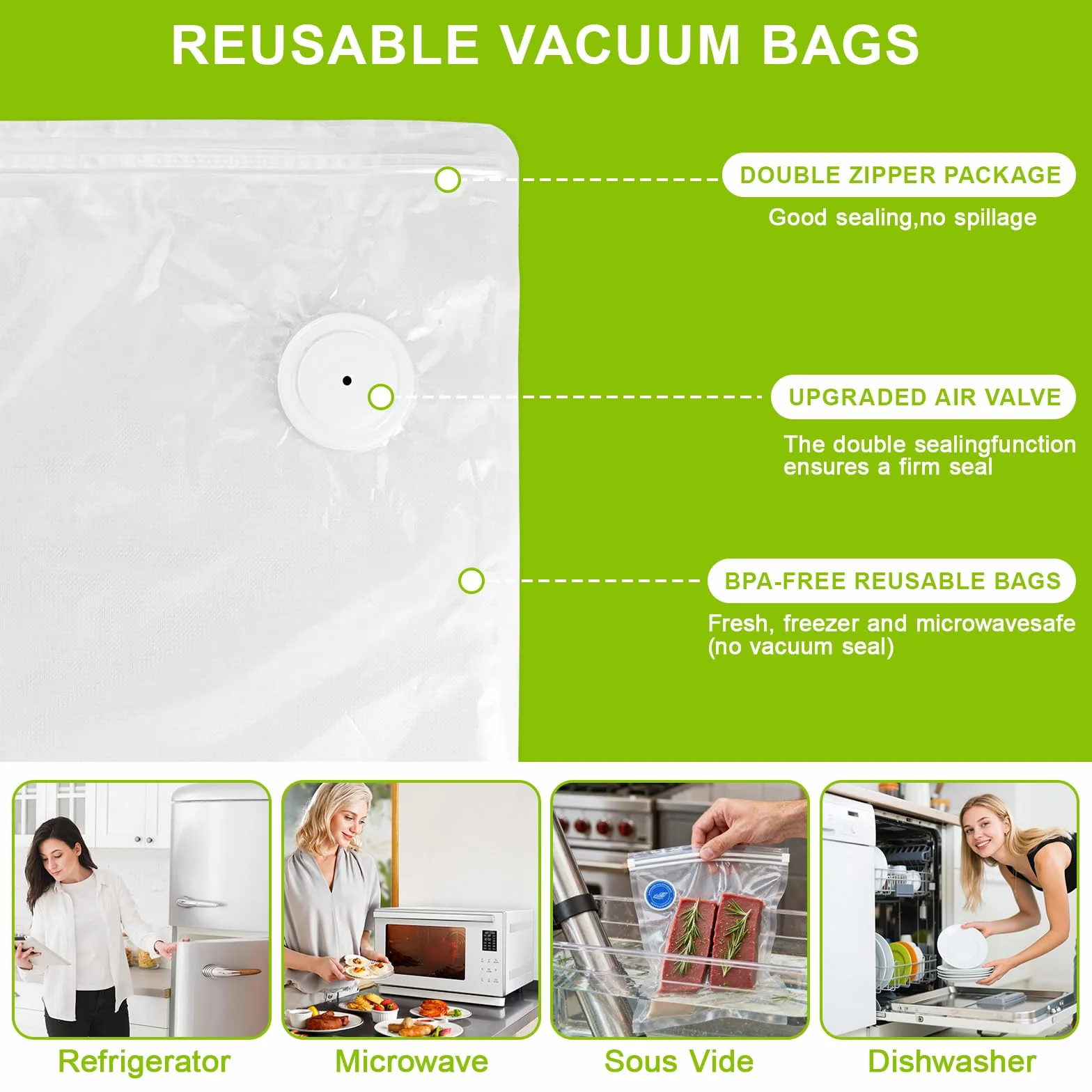 45 Sacchetti Sottovuoto per Alimenti,15x26x28 cm & 15x26x34 cm & 15x33x38 cm,Riutilizzabili con 3 Clip,Sacchetti per Conservazione Sottovuoto con Valvola d'Aria per Freschezza