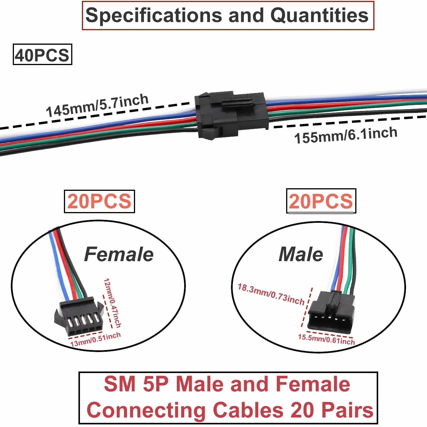 HUAZIZ 20 Pairs 15 cm JST SM 5-Pin Plug Maschio a Femmina Cavo EL Cavo Adattatore, 22 AWG JST 5-Pin Adattatore Micro Elettrico Spina Connettore Maschio e Femmina