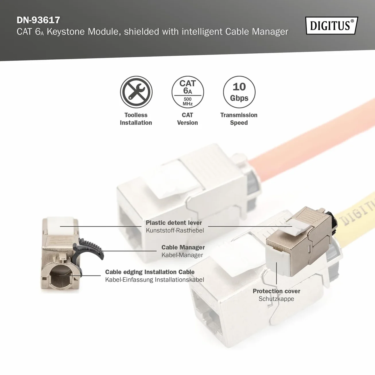 DIGITUS Modulo Keystone Cat-6A schermato RJ45 Jack 500 MHz 10GBase-T AWG 26-22