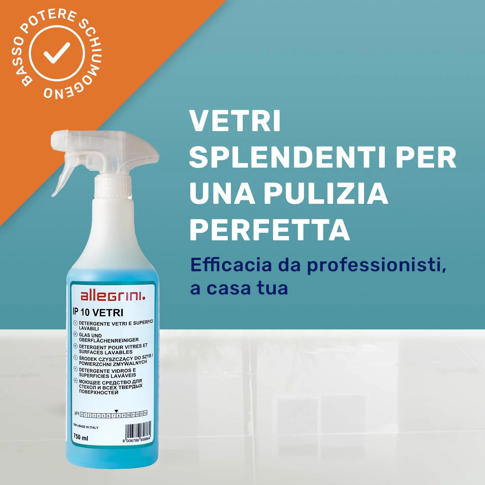 Allegrini IP 10 Spray Vetri Detersivo Pulizia Specchi Finestre Casa Detergente Vetri Auto Pulitore Multiuso 750 ml