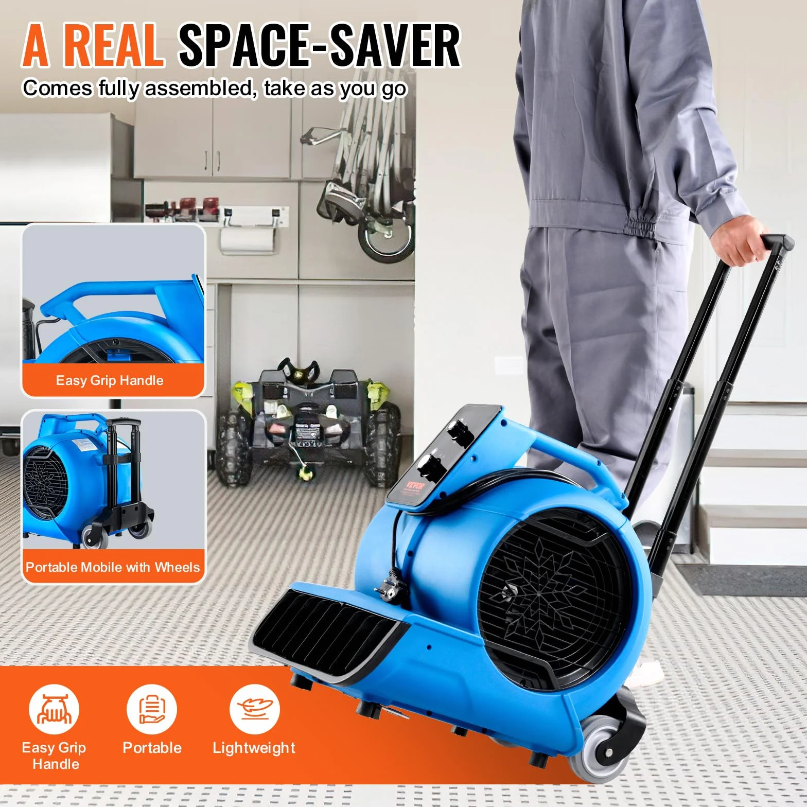 VEVOR Ventilatore per pavimento 4000 CFM 1560 giri/min portatile asciugatura raffreddamento 3 velocità timer
