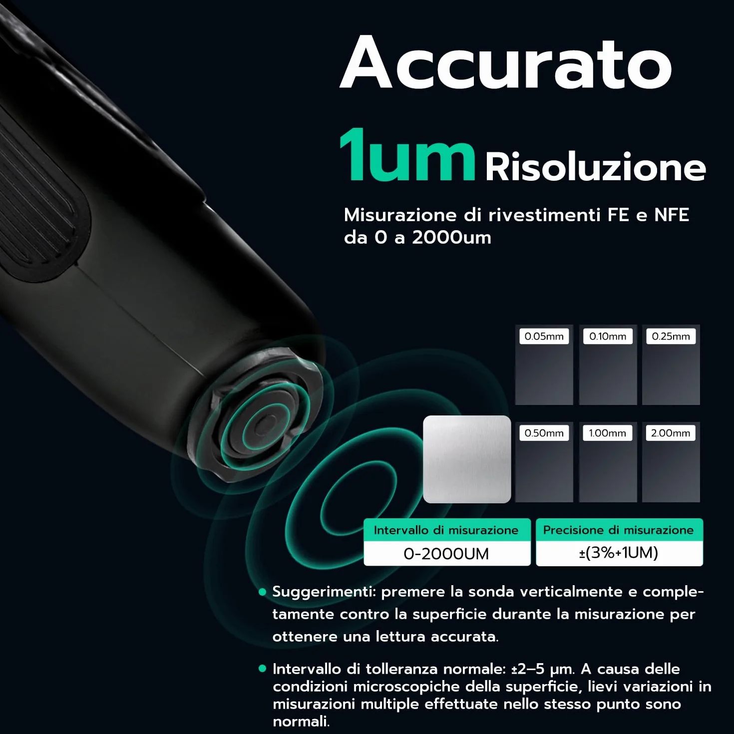 Misuratore di Spessore del Rivestimento Digitale, Spessimetro Vernice 0-2000 um, Display LCD Nero