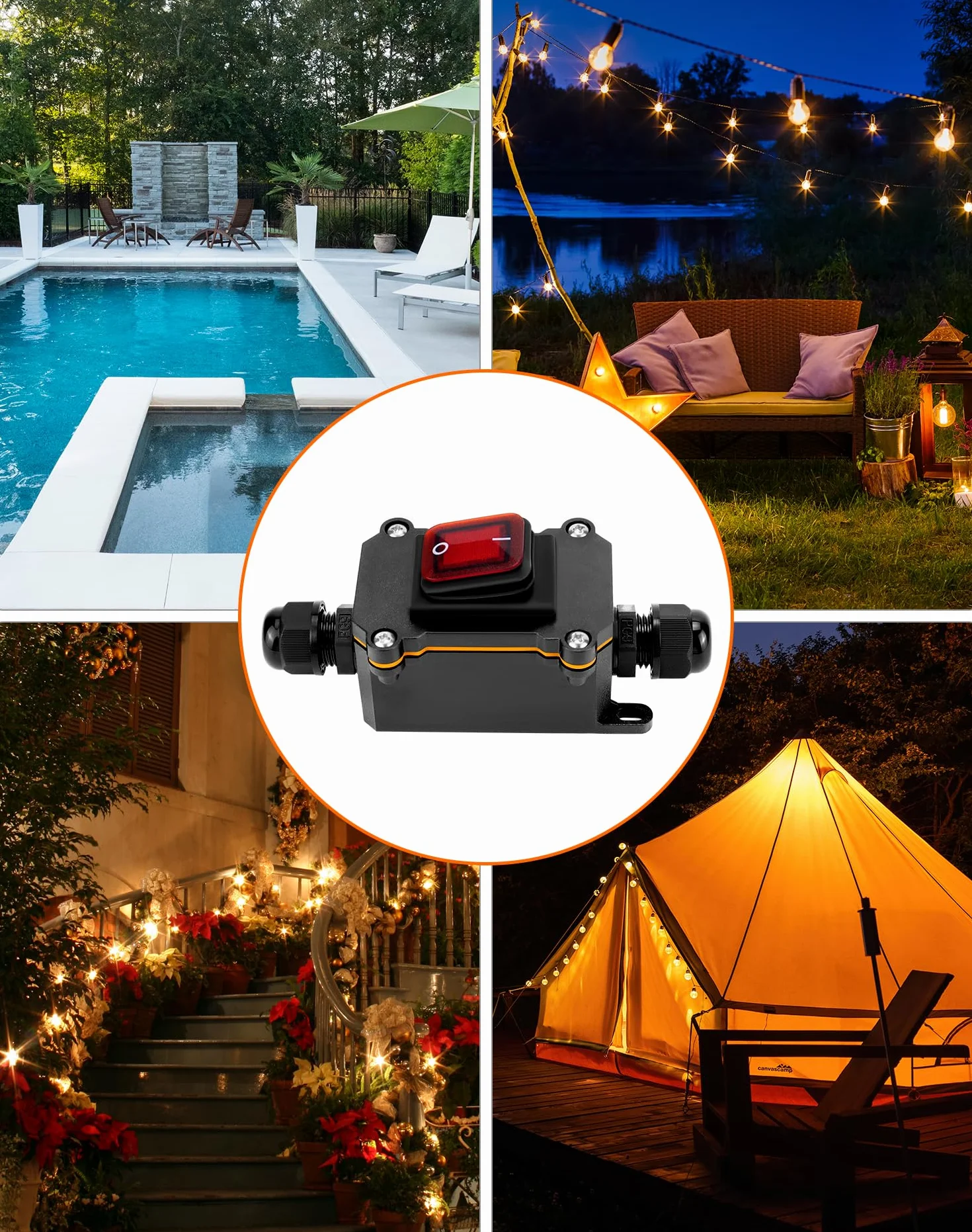 QWORK® Interruttore con cavo in linea impermeabile IP65 con indicatore luminoso rosso, 220V 30A, DPST 4Pin, controllo ON/OFF a doppia posizione