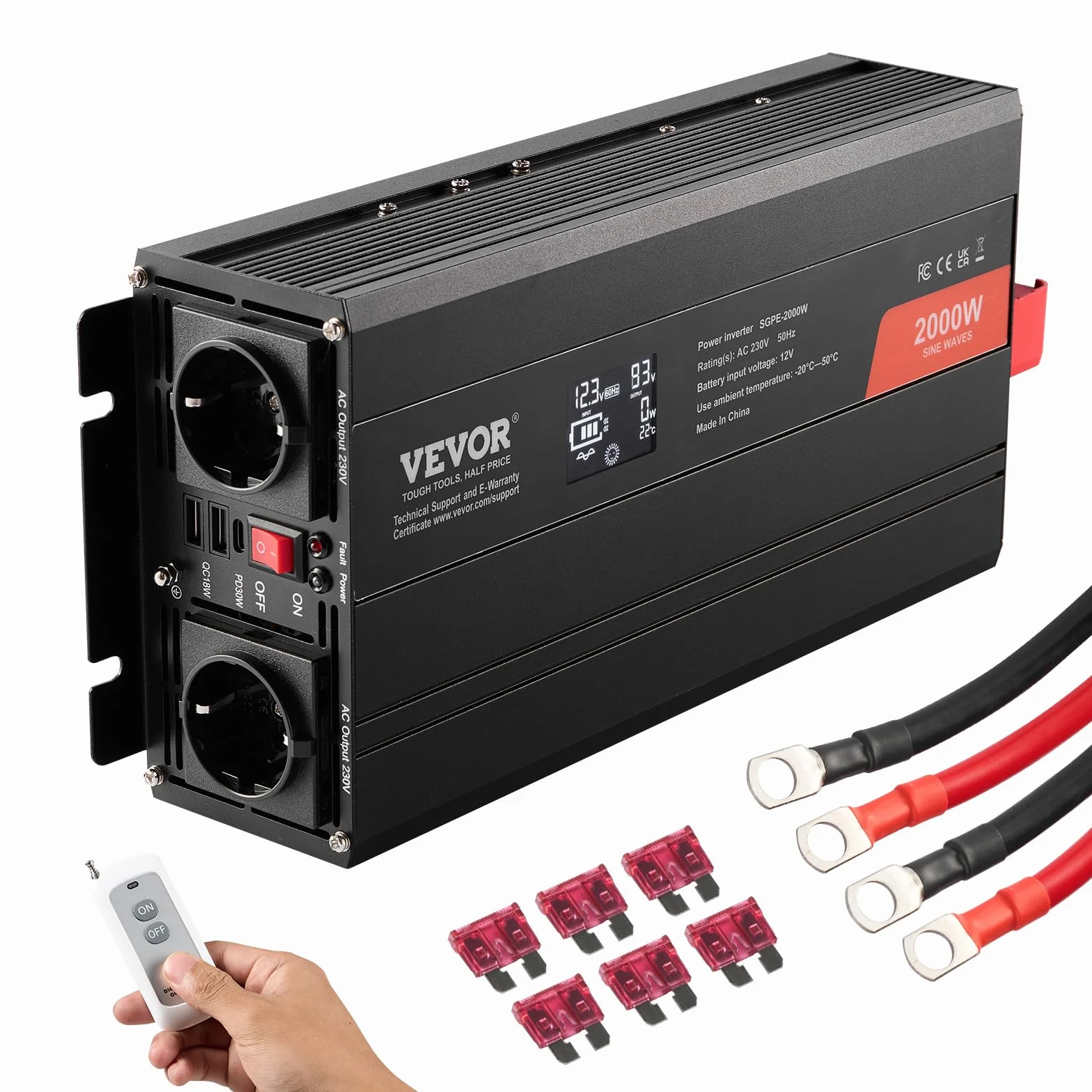 VEVOR Convertitore di Potenza a Onda Sinusoidale Pura, Convertitore di Potenza da 2000 W CC da 12 V a CA 230 V Display LCD e Telecomando per Apparecchiature Domestiche di Medie Dimensioni
