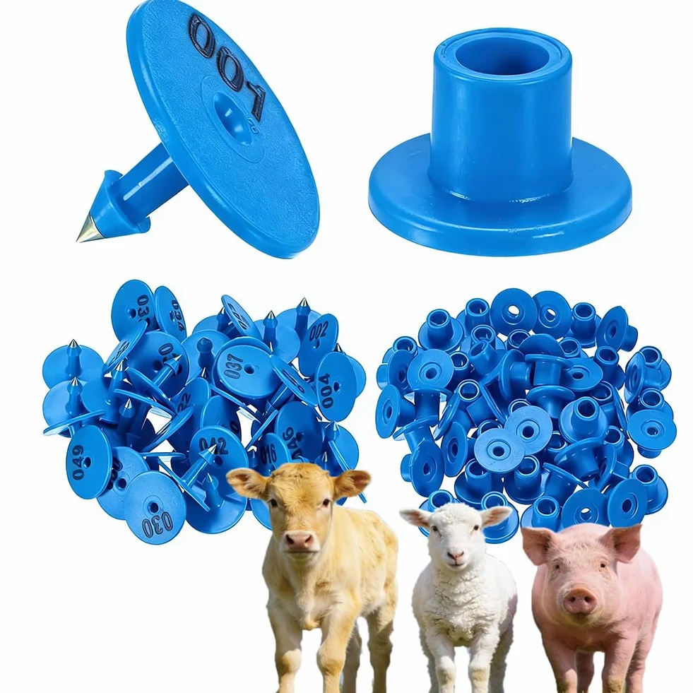 100 marche auricolari per bestiame con numeri tondi 001-1000 adatte per suini, ovini e bovini (verde/viola/rosso/bianco/giallo/blu/arancione) blu 001-100
